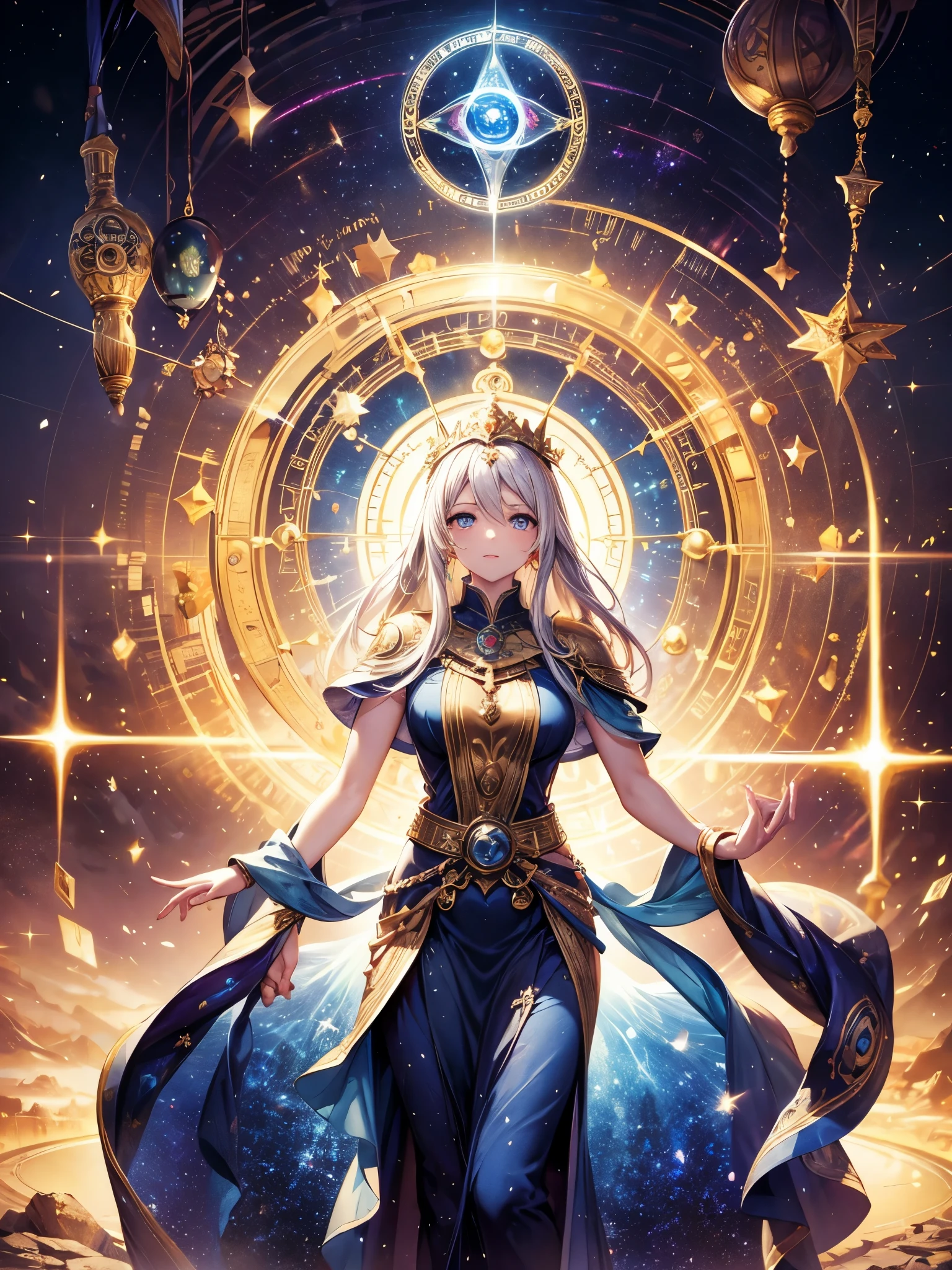 masterpiece, best quality, Ultra Detailed, fair, 1 woman, Spokesperson goddess, god of the time, Chronos, eternity, mystery, ancient times, time, magic, god ray, galaxy, stardust, Face yarn, magic circle, long skirt, star