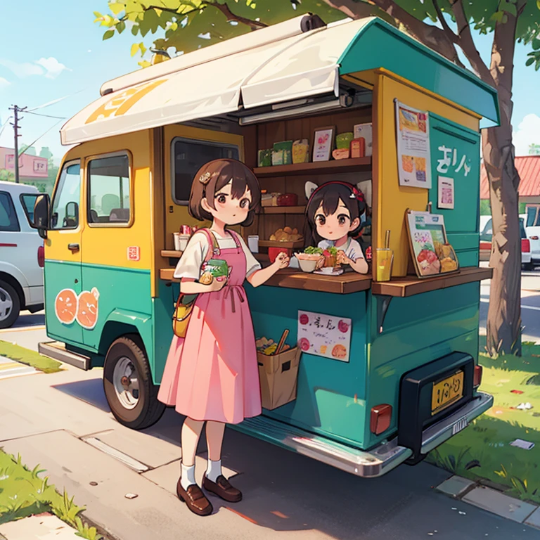 Girls selling bento lunches from a food truck