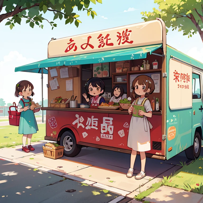 Girls selling bento lunches from a food truck