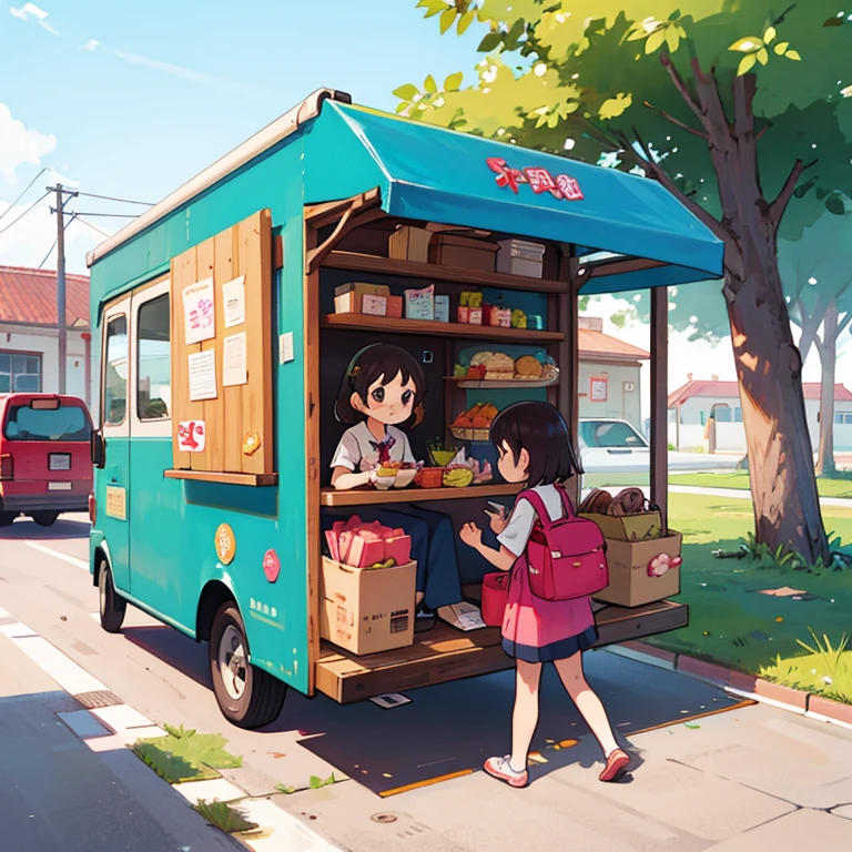 Girls selling bento lunches from a food truck