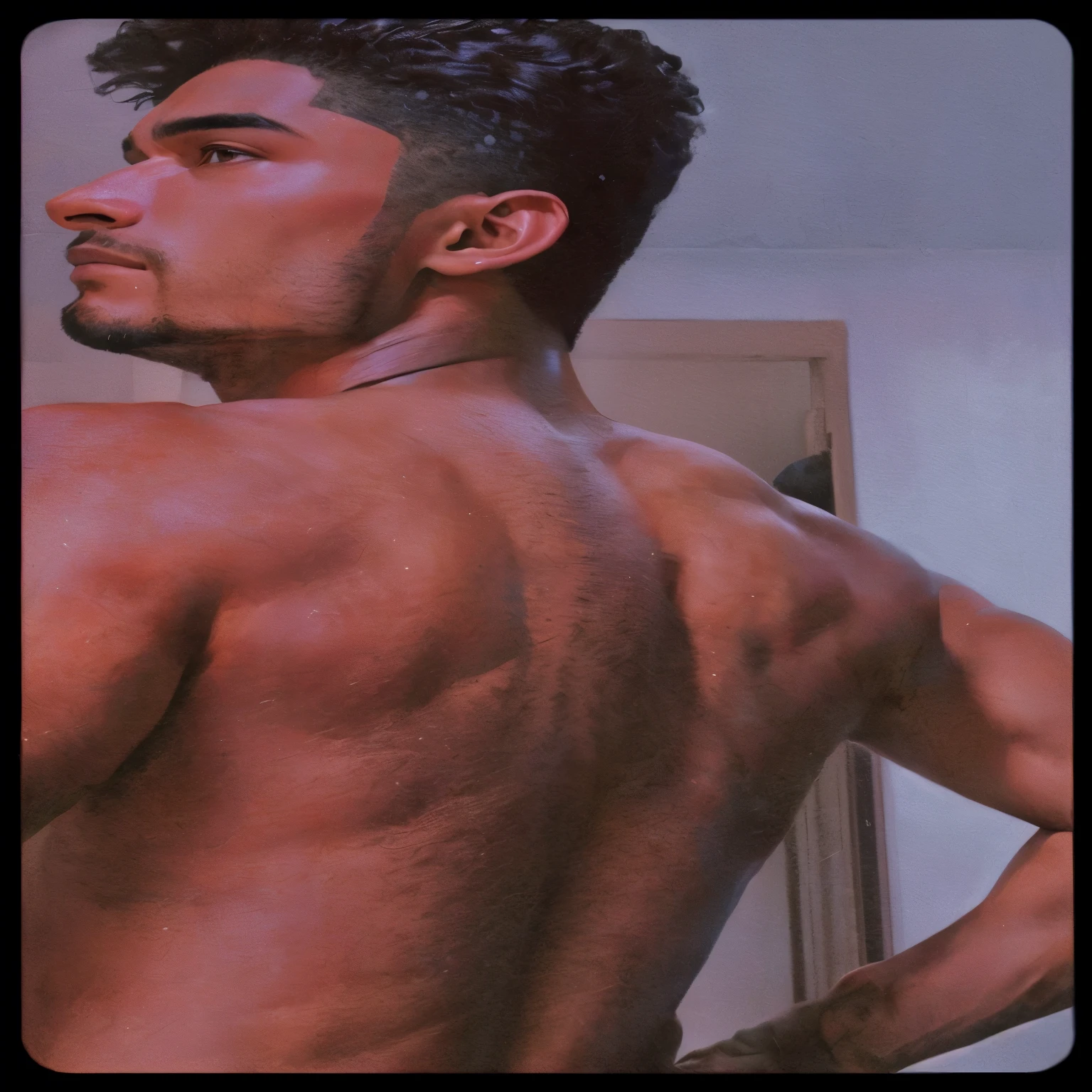there is a man that is standing in front of a mirror, full growth from the back, bared shoulders, back - shot, backview, from back, shoulders can be seen, hunched shoulders, in full growth from the back, arms behind back, back view. nuri iyem, his back is turned, bare back, shoulders