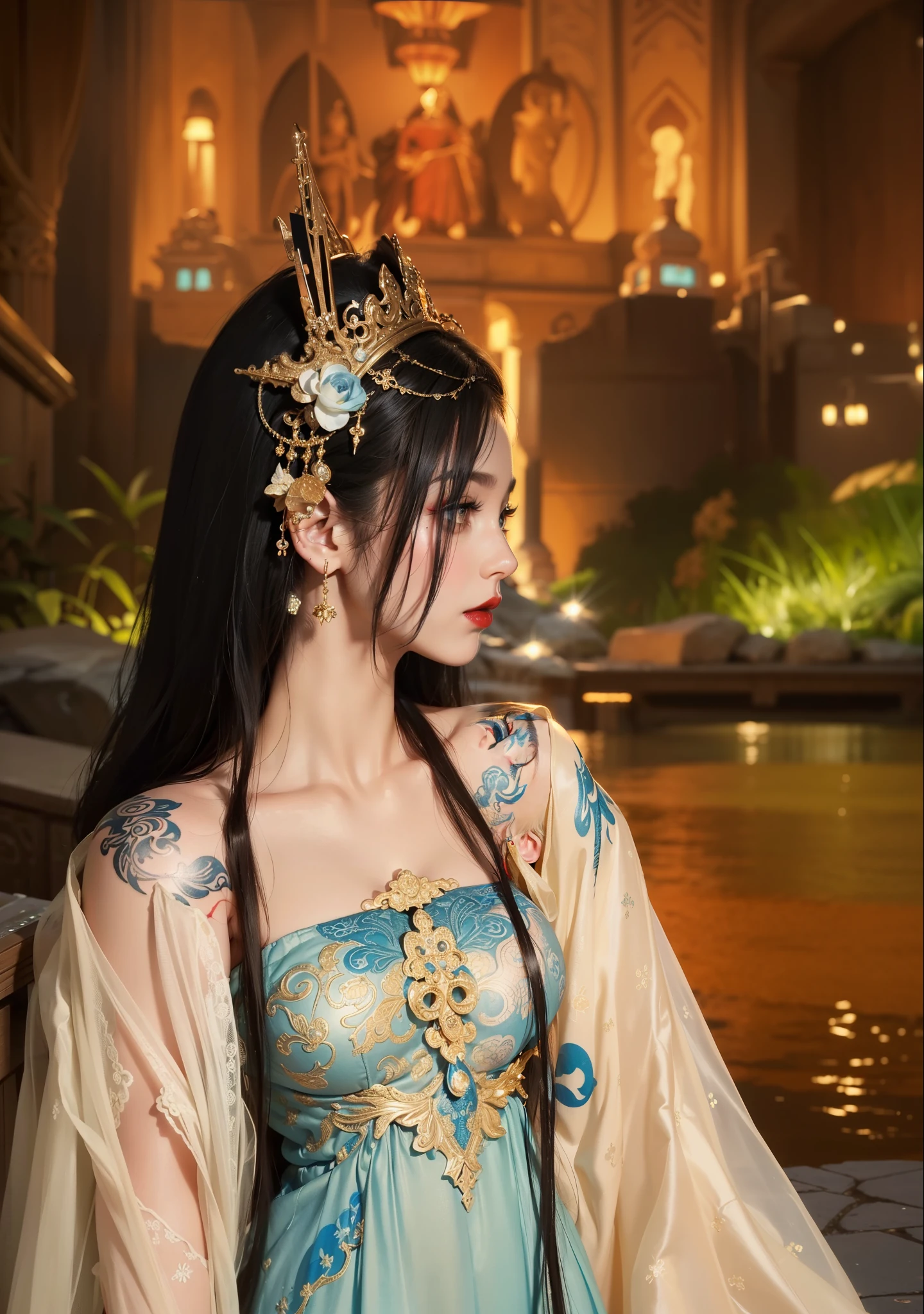 Royal princess,Super detailed, Delicate face, Stock Photography , Portrait 400, F1 Camera Lens.6, rich and colorful, Surreal, Realistic textures, Dramatic Lighting, Thin Film Distiller 800 (8k, original photo, better quality, masterpiece: 1.2), Super detailed, (Extremely delicate skin: 1.2), 8k ultra high definition, SLR camera, Soft Light, high quality.Fire Queen,Blue pupils,Apply red lipstick,Have a tattoo,The tattoo is very three-dimensional,Gorgeous and intricate tattoo designs,8k Mugshot,Large Breasts,Dark eyeshadow,Sexy thick lips(Red lipstick),Silk jumpsuit,Standing sideways,The side face is very three-dimensional,Dunhuang Mogao Grottoes