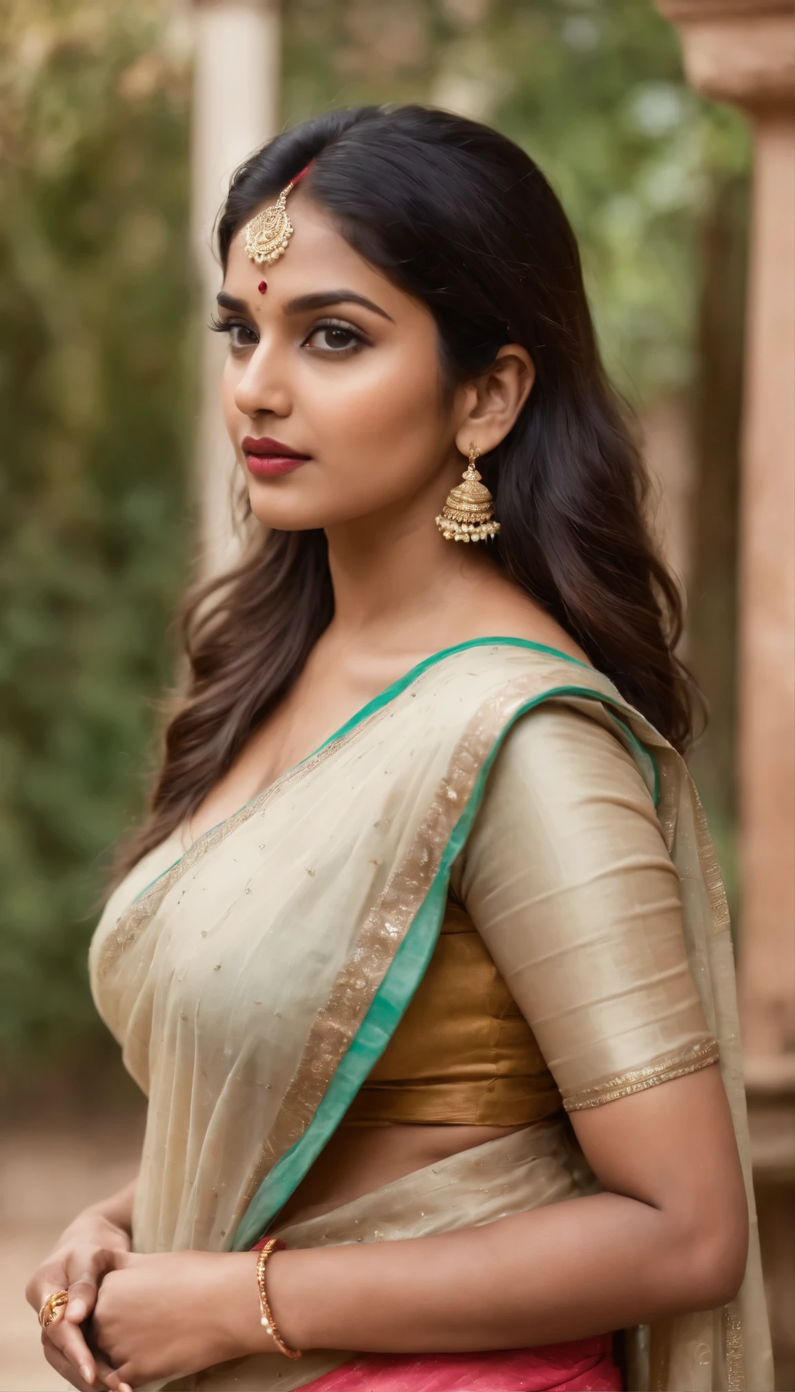 indian girl with huge , standing pose, big breasts, thick thighs, slim waist, biting her lips, in saree, sexy , slim
