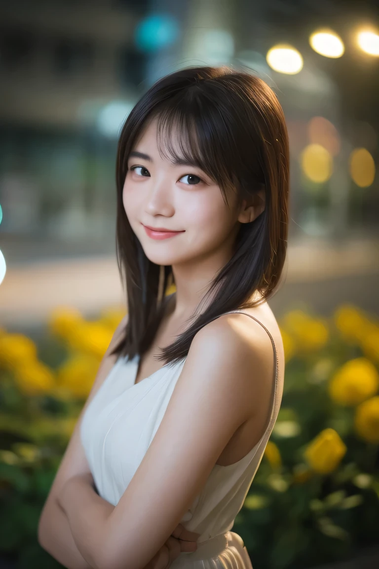 highest quality, 8K, 15 year old student, Ten generations, RAW photo, Completely naked、absurd, portrait, smile, , alone, night, neon, idol face, Biolace, gardenia, delicate girl, Upper body, Digital single-lens reflex camera, looking at the viewer, Frank, Sophisticated, zora々right, thin arms, professional lighting, film grain, chromatic aberration, (Eye and face details:1.0), (Bokeh:1.1), arms at sides,