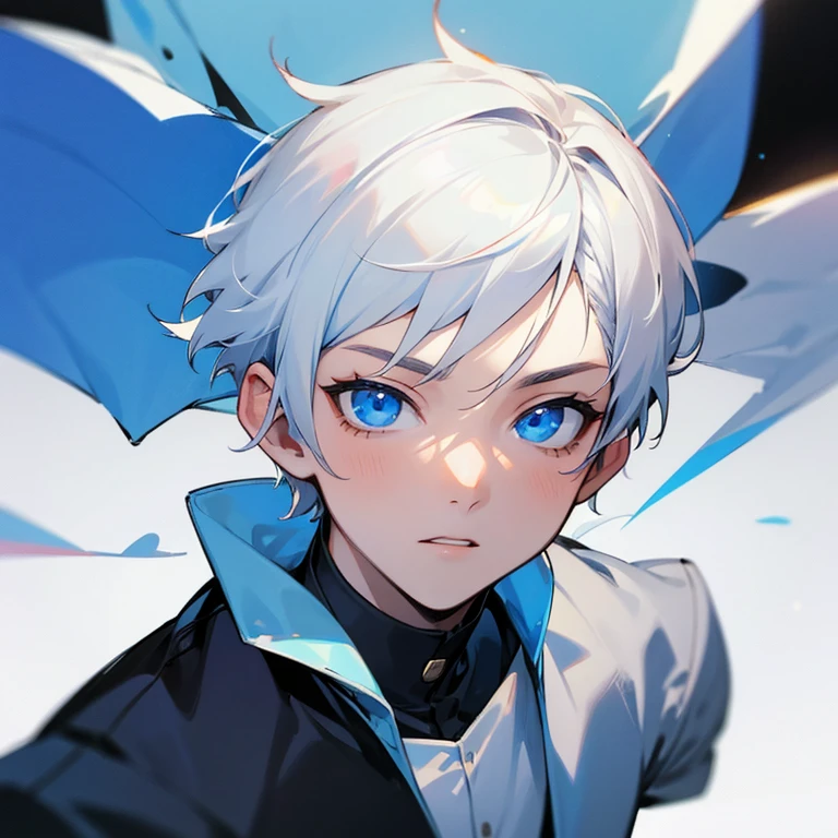 The young man with short white hair and blue eyes 