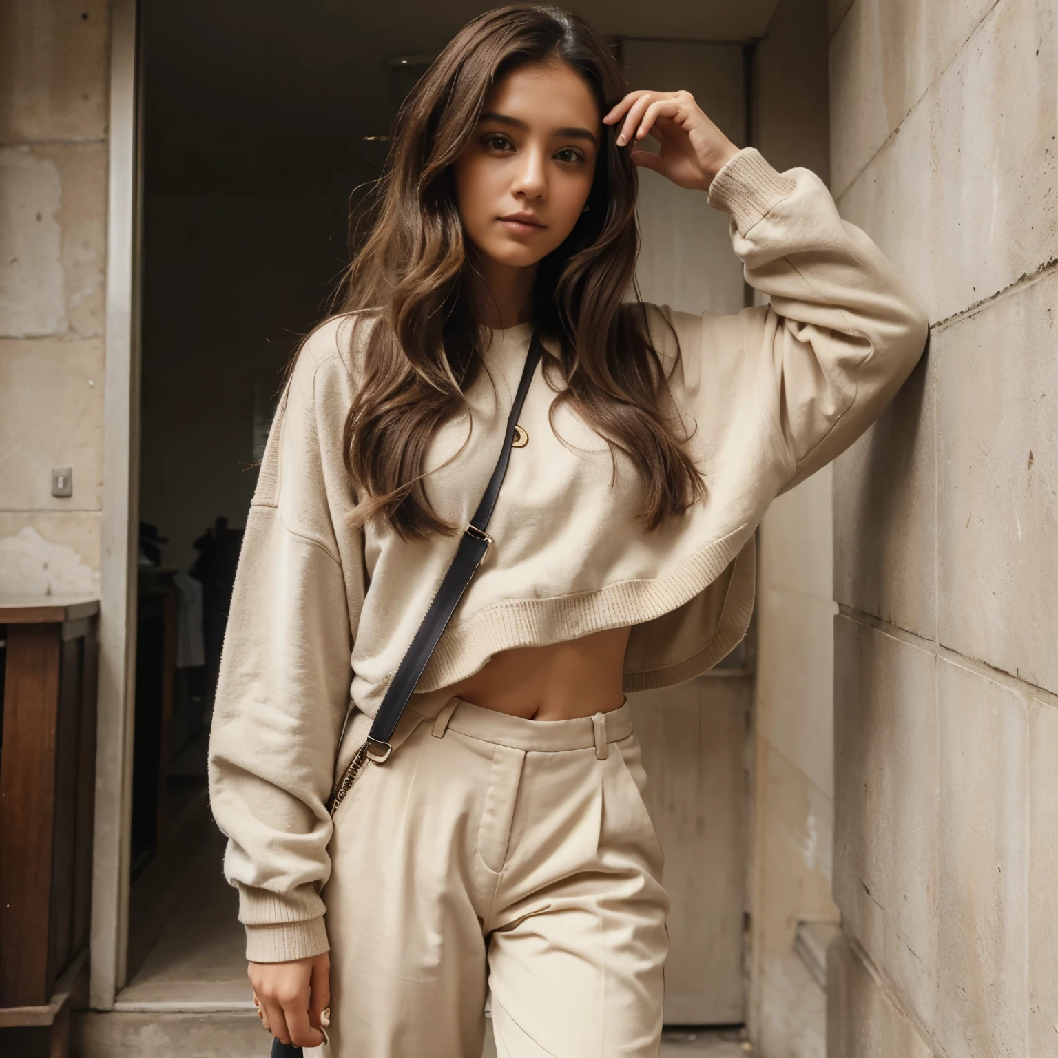 Uma , Loira , Cabelo, curtos cabelo preso em cima ! , Moletom roxo ,and beige pants. Cute and with accessories