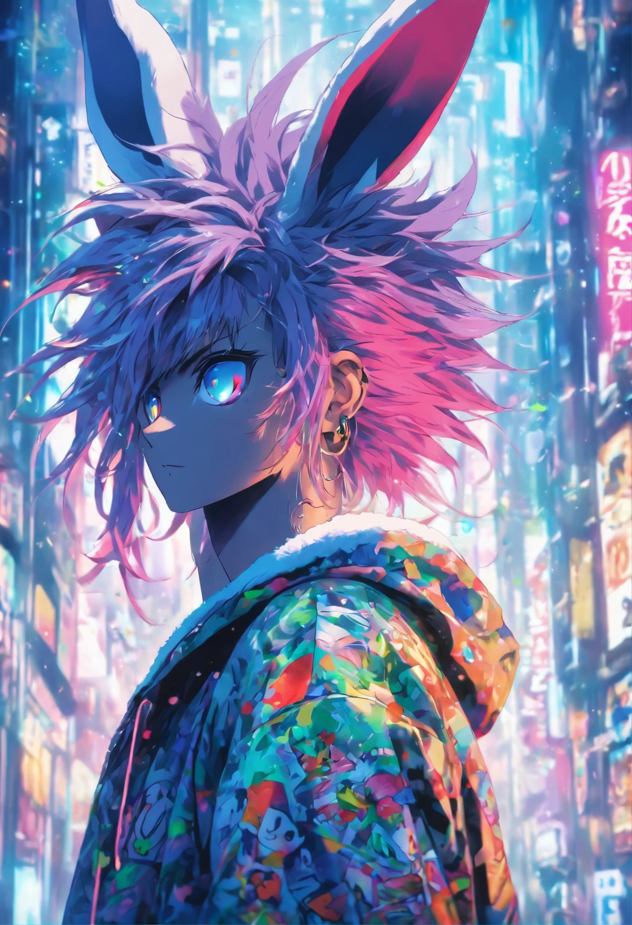 ((((masterpiece, highest quality, Super detailed, very_expensive_solve, big_file size, Full Color)))), Cool rabbit, Sharp eyes, Purple Hairstyle, all back, Purple pupil, Wearing a large hoodie, Colorful hoodies, Tattoo