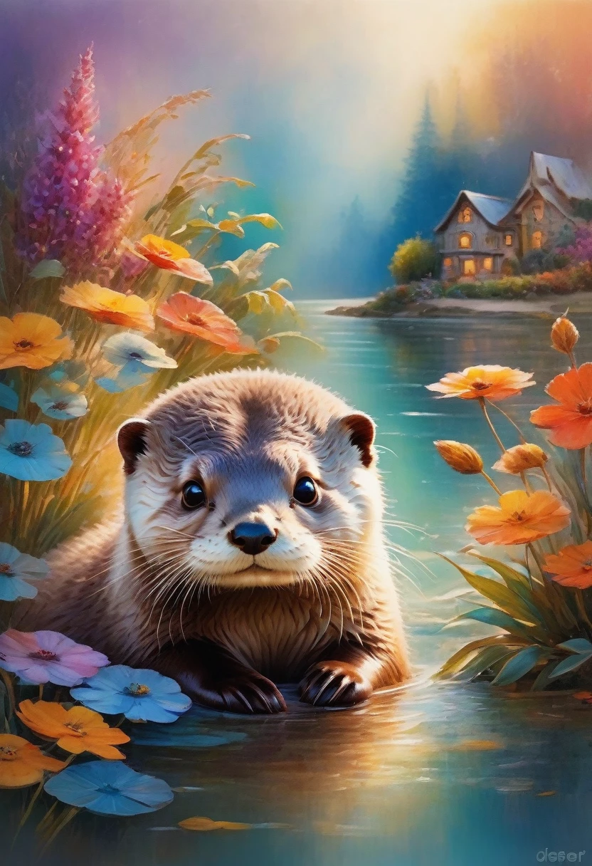 style, Vibrant colors, Dreamy atmosphere, Layered composition, Intricate details, Warm rural background,(Otter Close-up, Fluffy,solitary, big eyes,best quality,Ultra Detailed,Reality), Soft texture, Comfortable atmosphere, Tranquil garden background, Vibrant colors, Warm lighting