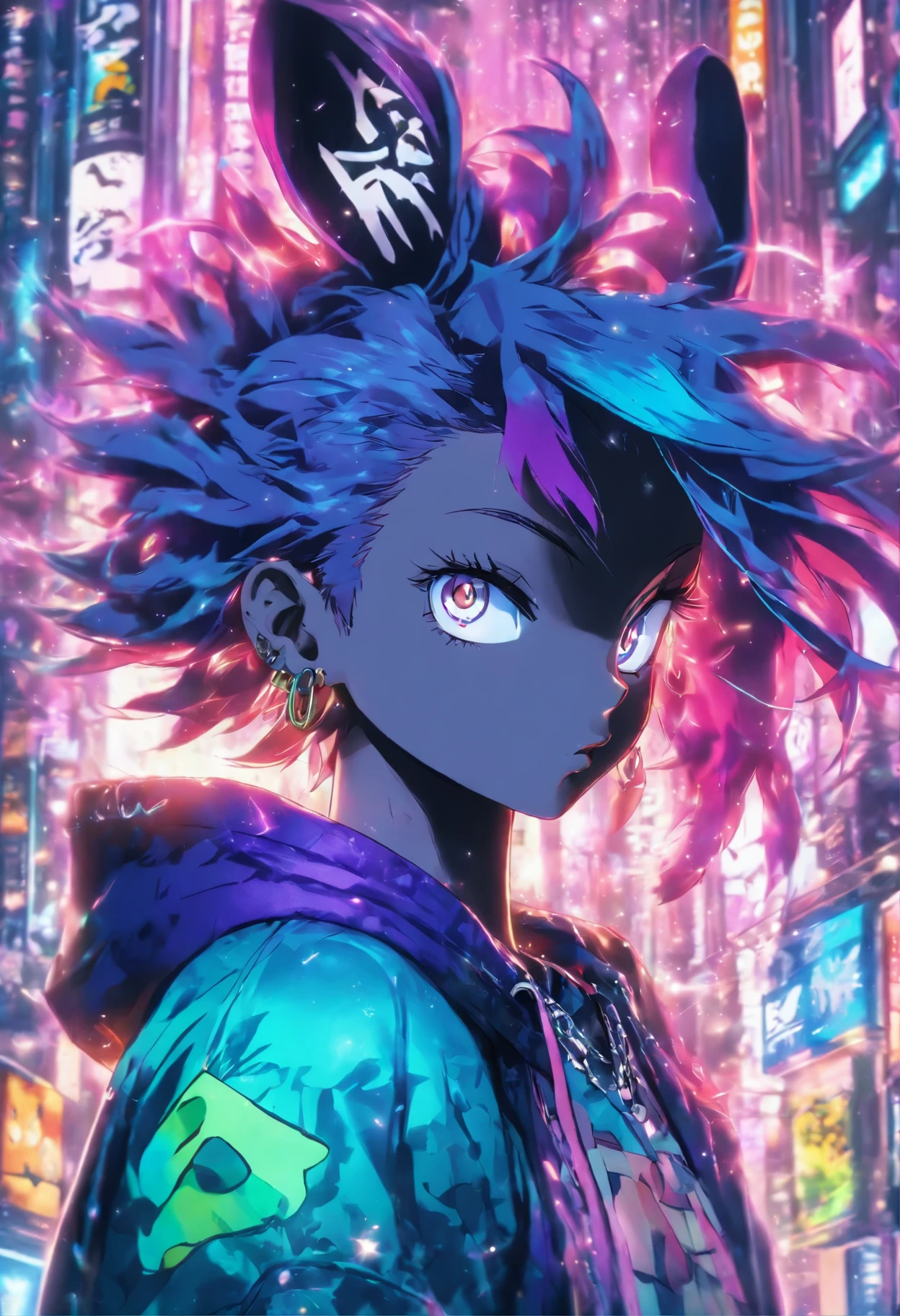 ((((masterpiece, highest quality, Super detailed, very_expensive_solve, big_file size, Full Color)))), Cool rabbit, Sharp eyes, Purple Hairstyle, all back, Purple pupil, Wearing a large hoodie, Colorful hoodies, Tattoo