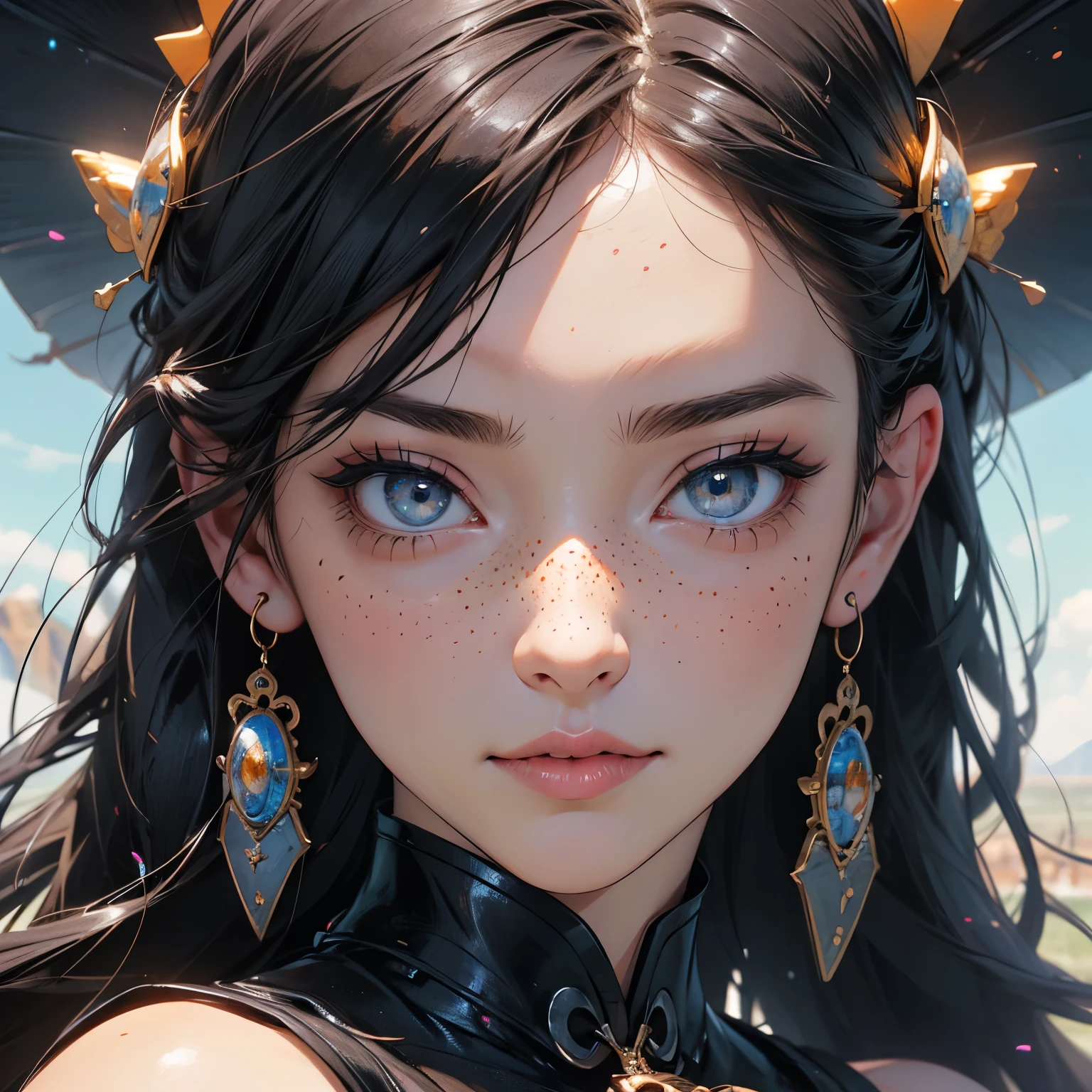 ((ultra detailed)),((Bright eyes)), (Detailed eyes) , 8k, blink blink, (The Little Faux Freckles Makeupgirl), ((realistic skin)), ((focus detailed 2 straps on the shoulders of dress)) , ((shiny facial skin)), with colorful hair and a colorful dress, rossdraws pastel vibrant, rossdraws cartoon vibrant, style anime 8k, beautiful portrait, artgerm colorful!!!, ! dream artgerm, beautiful anime girl, styled digital art, art wallpaper 8k, digital art, extremely detailed artgerm,