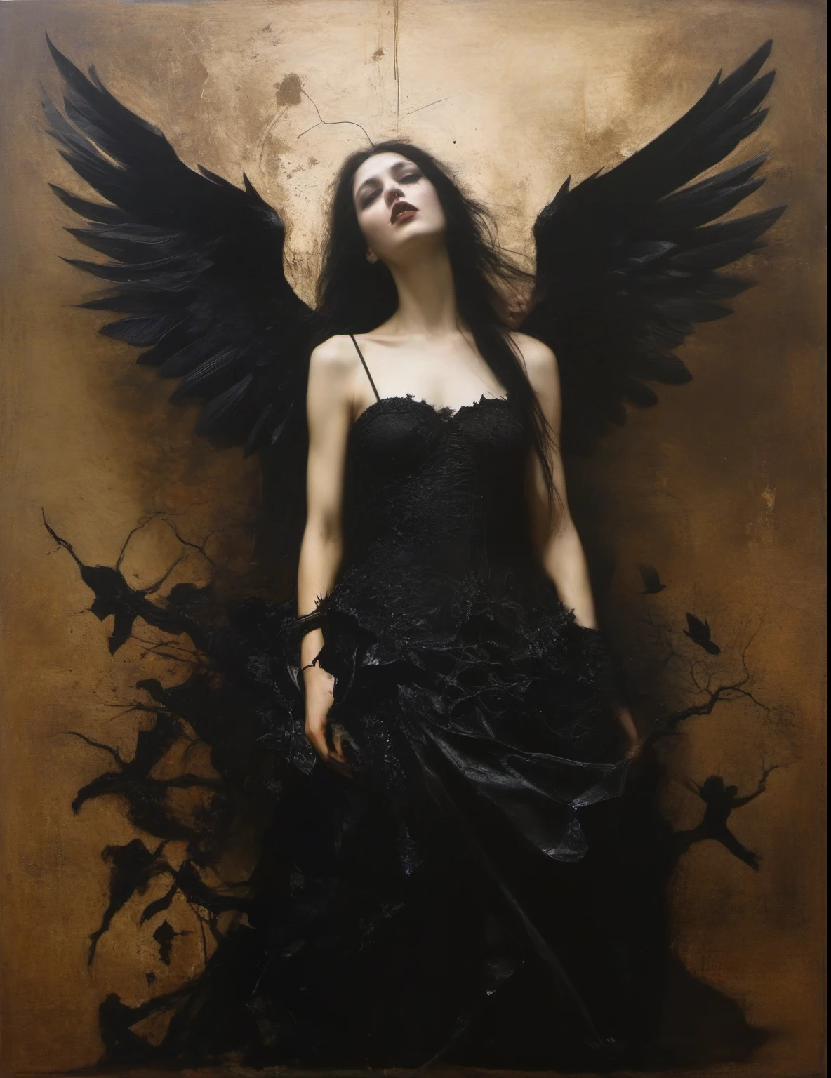 James Gurney, Surrealist art , dream-like, Mysterious, Provocative, symbolic, Complex, detailed,, (Gothic but very beautiful:1.4), (masterpiece, highest quality:1.4) , Nicola Samori Style, Laputa, fallen Angel