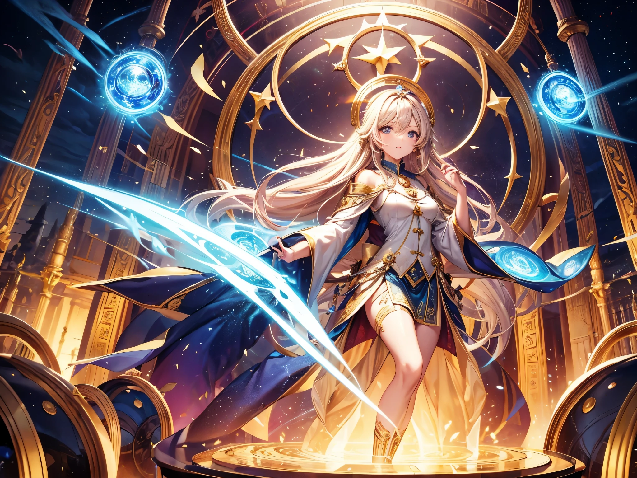 masterpiece, best quality, Ultra Detailed, fair, 1 woman, Spokesperson goddess, time之神, Chronos, eternity, mystery, ancient times, time, magic, Holy Light, star系, star塵, Face yarn, magic陣, long skirt, star