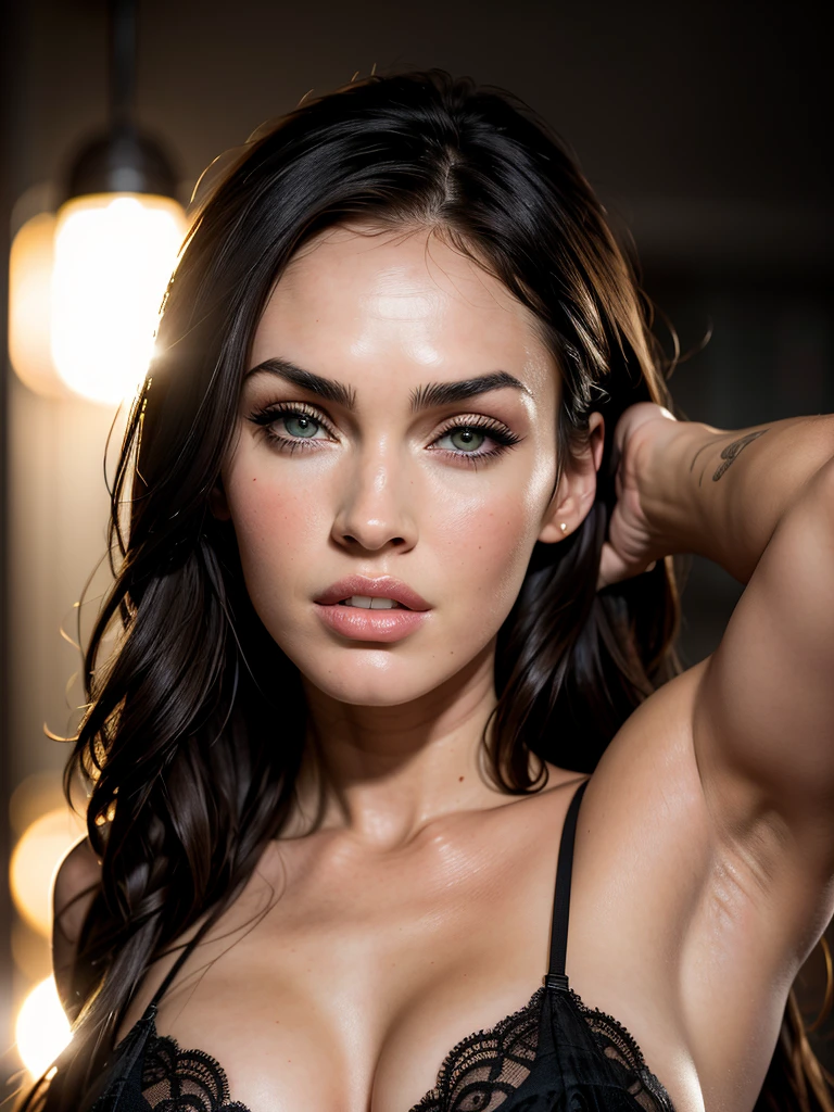  raw photo, bust portrait, Megan Fox, simple dark background, spot lighting, backlight, cool lighting