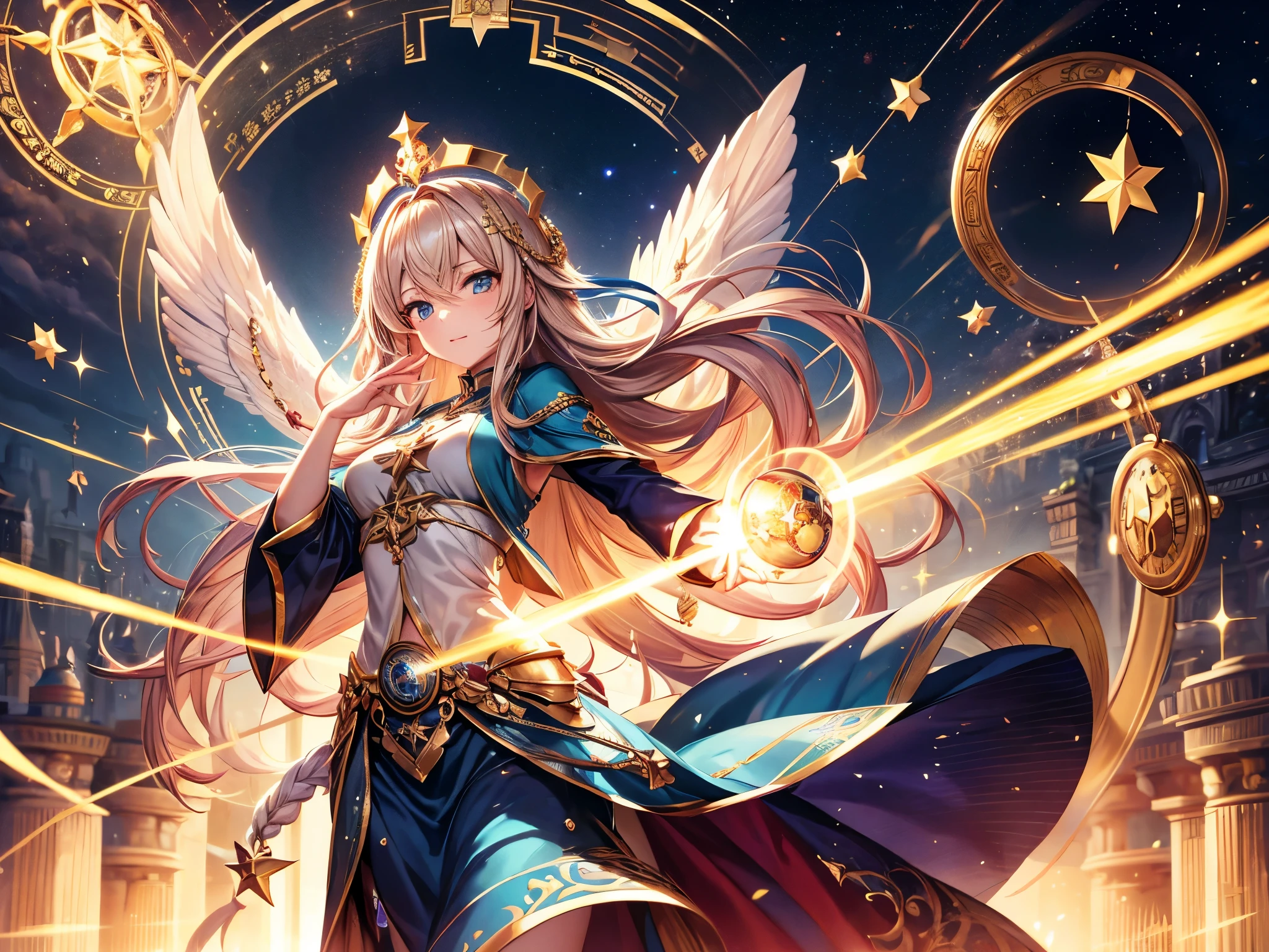 masterpiece, best quality, Ultra Detailed, fair, 1 woman, Spokesperson goddess, time之神, Chronos, eternity, mystery, ancient times, time, magic, Holy Light, star系, star塵, Face yarn, magic陣, long skirt, star