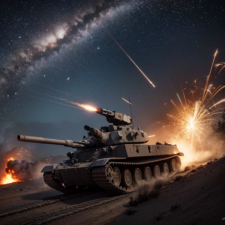 war、Midnight、Artillery fire、Artillery fire、Anti-aircraft combat、A flash of light shining in the darkness、No people in the picture、barrage、Firepower、A lot of shells like a meteor shower、圧倒的Firepowerのbarrage、Heavy machine gun silhouette、Anti-aircraft armored vehicle