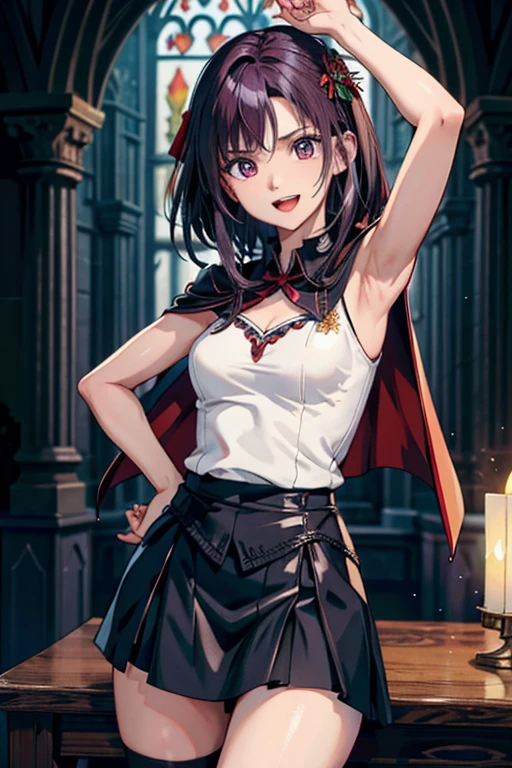 masterpiece, highest quality, Adult women,Very detailed,Ukrainian facial structure,Rin々Nice face,Open Mouth Smile,White, red and purple adventurer uniform,Medieval Europe,Medium Hair,Show your armpits,Black eyes,European facial structure,The dignity of a hero,,Small hair ornament,tattoo,Cape,Legs visible through the skirt,Natural Beauty,Investigating the ruins, which are in a very dilapidated state.,Cinematic,