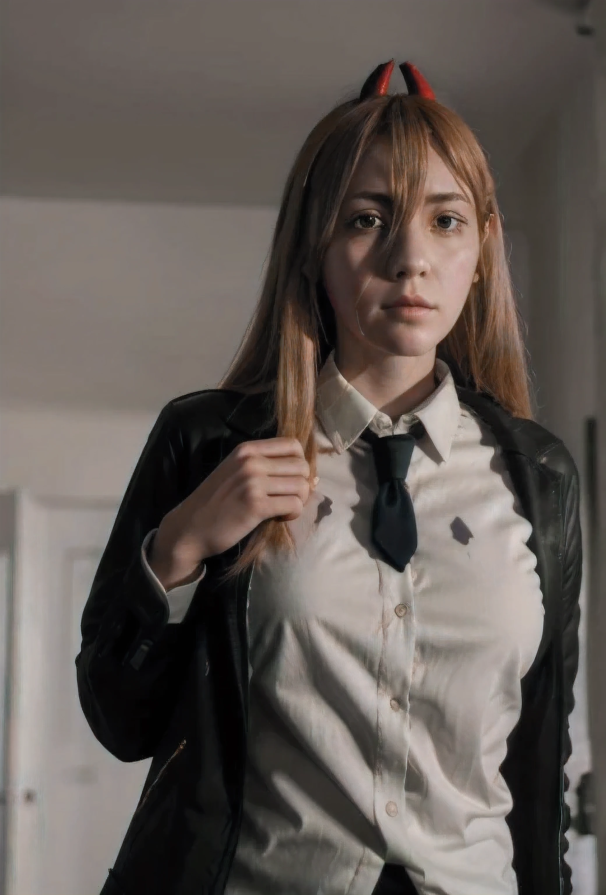 8k,ultra graphics,best quality, masterpiece, highres, solo, (power_chainsawman:1.10), 1girl, black jacket, black necktie, collared shirt, looking at viewer, white shirt, upper body, blood, indoors, orange eyes, anime_style, 5
