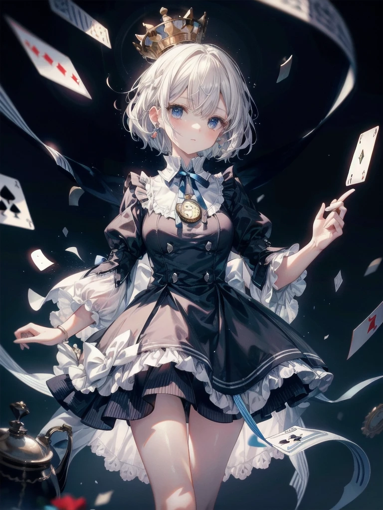 Alice in Wonderland, dark blue dress, mini skirt, white apron, white socks, Dutch Cape, flying playing cards, trump card, Floating teacups, floating teapot, pocket watch, absurdres, RAW photo, extremely delicate and beautiful, masterpiece, Best Quality, ultra high resolution, 32k, hyperrealistic, ultra-detailed, detailed description, pale skin, 20 years old, tearful mole, earring, Colossal tits, short medium hair, wavy hair, whole body shot,