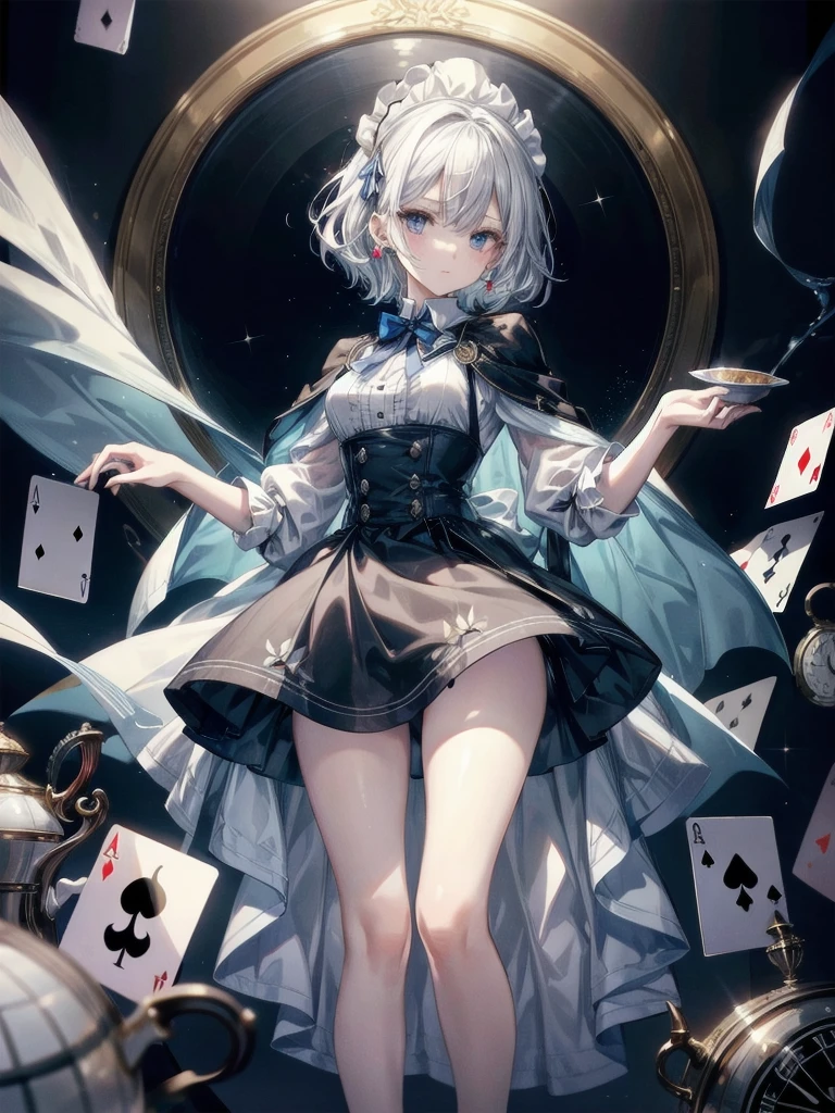 Alice in Wonderland, dark blue dress, mini skirt, white apron, white socks, Dutch Cape, flying playing cards, trump card, Floating teacups, floating teapot, pocket watch, absurdres, RAW photo, extremely delicate and beautiful, masterpiece, Best Quality, ultra high resolution, 32k, hyperrealistic, ultra-detailed, detailed description, pale skin, 20 years old, tearful mole, earring, Colossal tits, short medium hair, wavy hair, whole body shot,