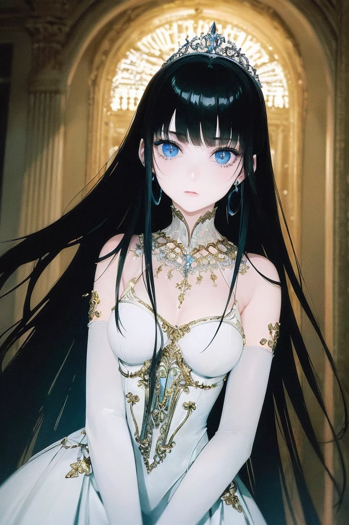 (masterpiece:1.2),(Girl wearing silver tiara:1.2),white dress,An atmosphere full of happiness and laughter,High resolution RAW color art,pale Skin, (Highly detailed elegant), Magical colors and atmosphere, Detailed skin,The background is soft and blurry,Add a dramatic and symbolic element to your scene, Depth of written boundary, Bokeh, Silky to the touch, Hyper Detail, A girl with beautiful, deep blue eyes, Elegant face,long black hair,Glowing hair, With cool and blue lighting,black theme