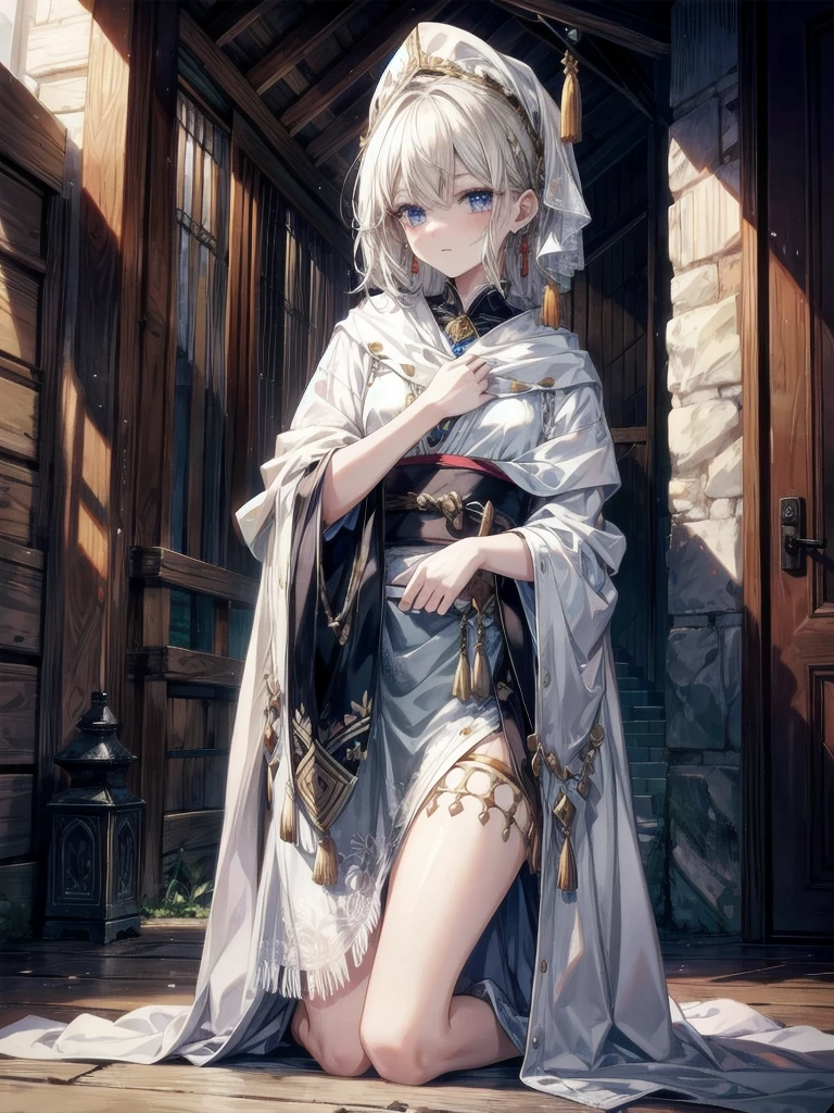 tribal head wrappings, poncho, absurdres, RAW photo, extremely delicate and beautiful, masterpiece, Best Quality, ultra high resolution, 32k, hyperrealistic, ultra-detailed, detailed description, pale skin, 20 years old, tearful mole, earring, short medium hair, wavy hair, full body shot,