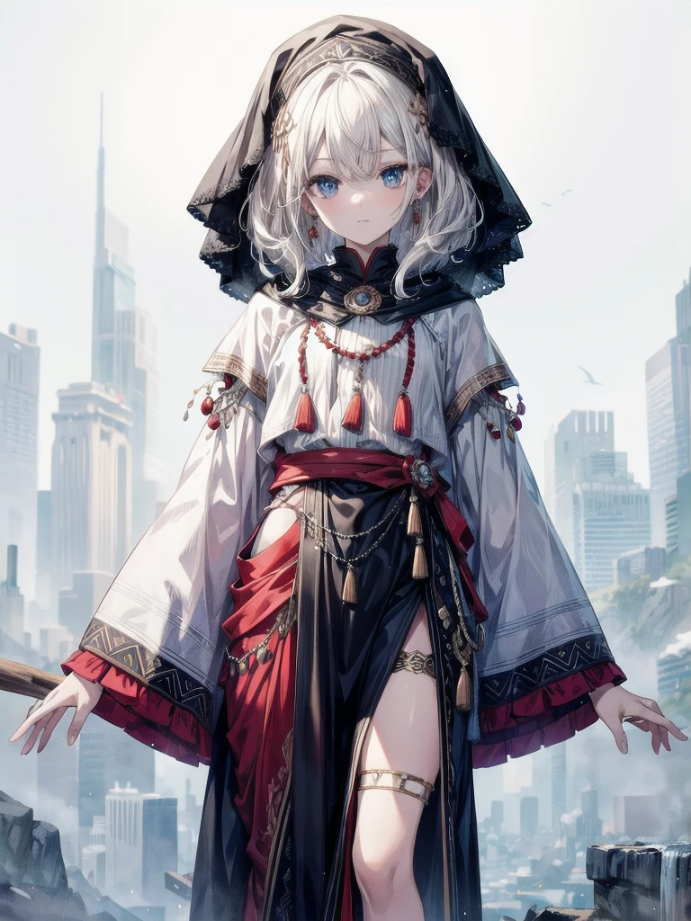 tribal head wrappings, poncho, absurdres, RAW photo, extremely delicate and beautiful, masterpiece, Best Quality, ultra high resolution, 32k, hyperrealistic, ultra-detailed, detailed description, pale skin, 20 years old, tearful mole, earring, short medium hair, wavy hair, full body shot,