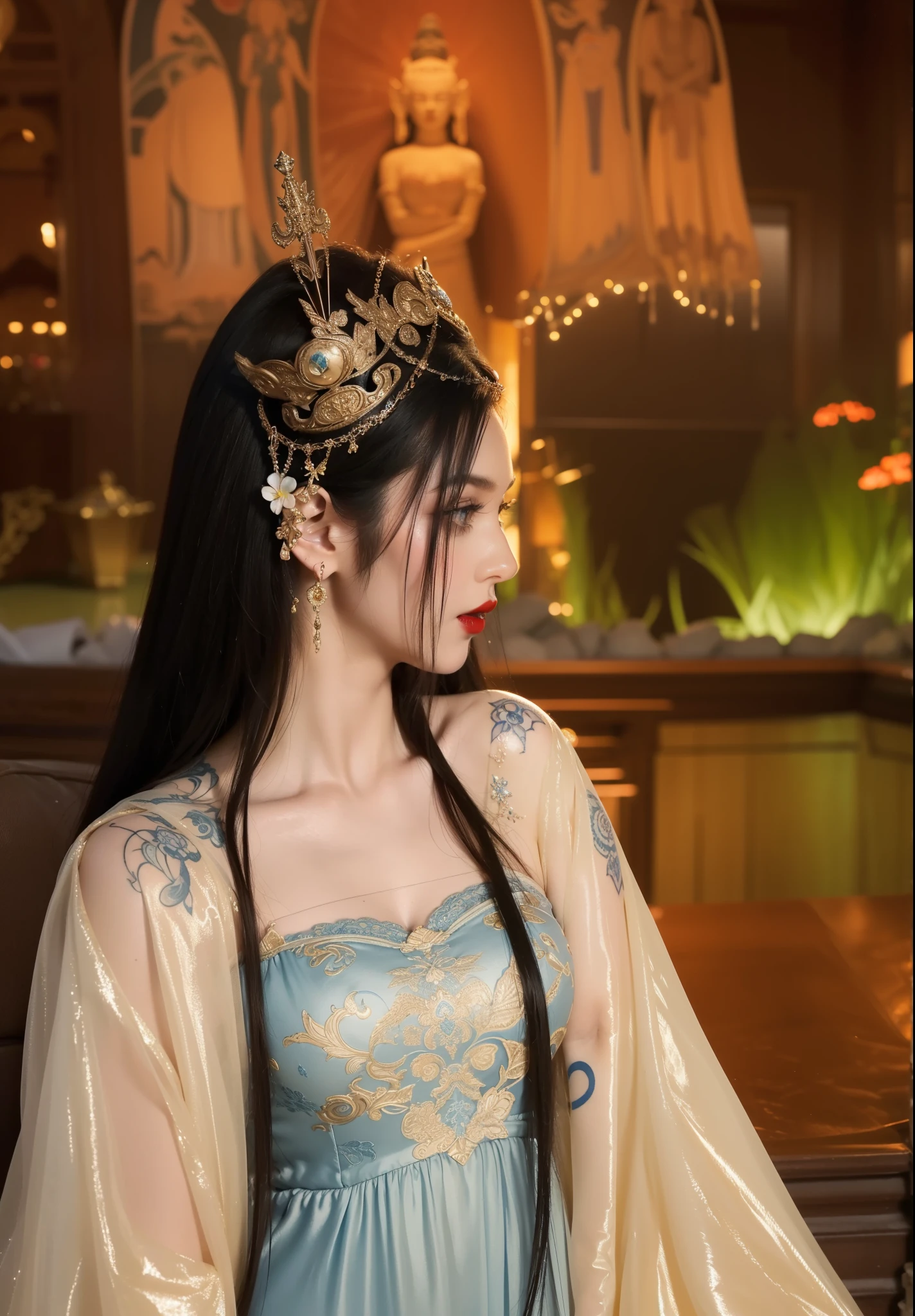 Royal princess,Super detailed, Delicate face, Stock Photography , Portrait 400, F1 Camera Lens.6, rich and colorful, Surreal, Realistic textures, Dramatic Lighting, Thin Film Distiller 800 (8k, original photo, better quality, masterpiece: 1.2), Super detailed, (Extremely delicate skin: 1.2), 8k ultra high definition, SLR camera, Soft Light, high quality.Fire Queen,Blue pupils,Apply red lipstick,Have a tattoo,The tattoo is very three-dimensional,Gorgeous and intricate tattoo designs,8k Mugshot,Large Breasts,Dark eyeshadow,Sexy thick lips(Red lipstick),Silk jumpsuit,Standing sideways,The side face is very three-dimensional,Dunhuang Mogao Grottoes