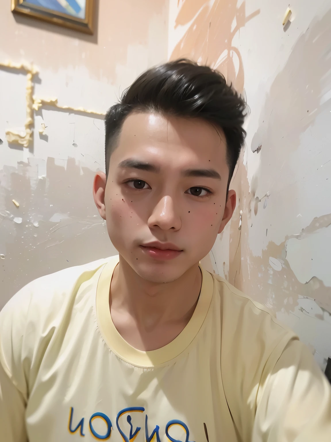 ( (8K:1.27), 4K，best qualtiy, tmasterpiece, Ultra-high resolution:1.2) Chinese man photo, young  male，Perfect face，perfect bodies，white  shirt，clothes see-through，Expose abs，realskin，super detailing, yellow shirt, short hair, minimalist background, realitic