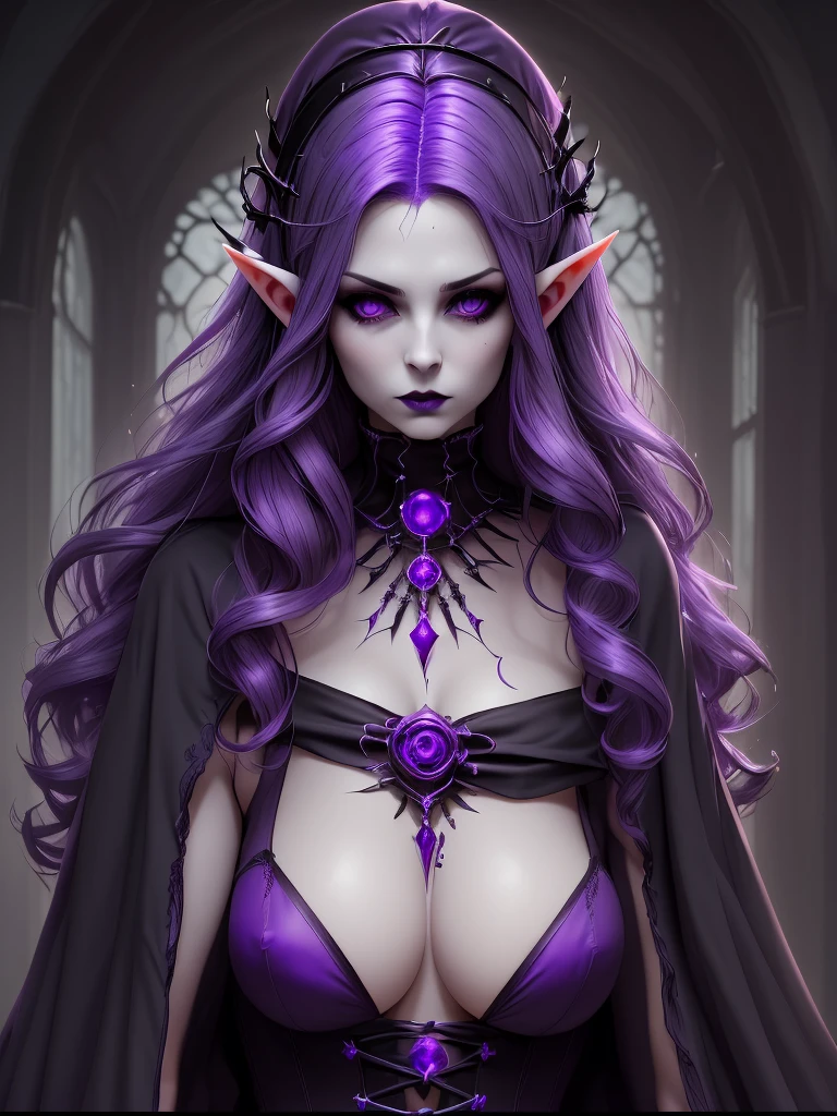 Gothic woman, purple hair, elf, necromancer