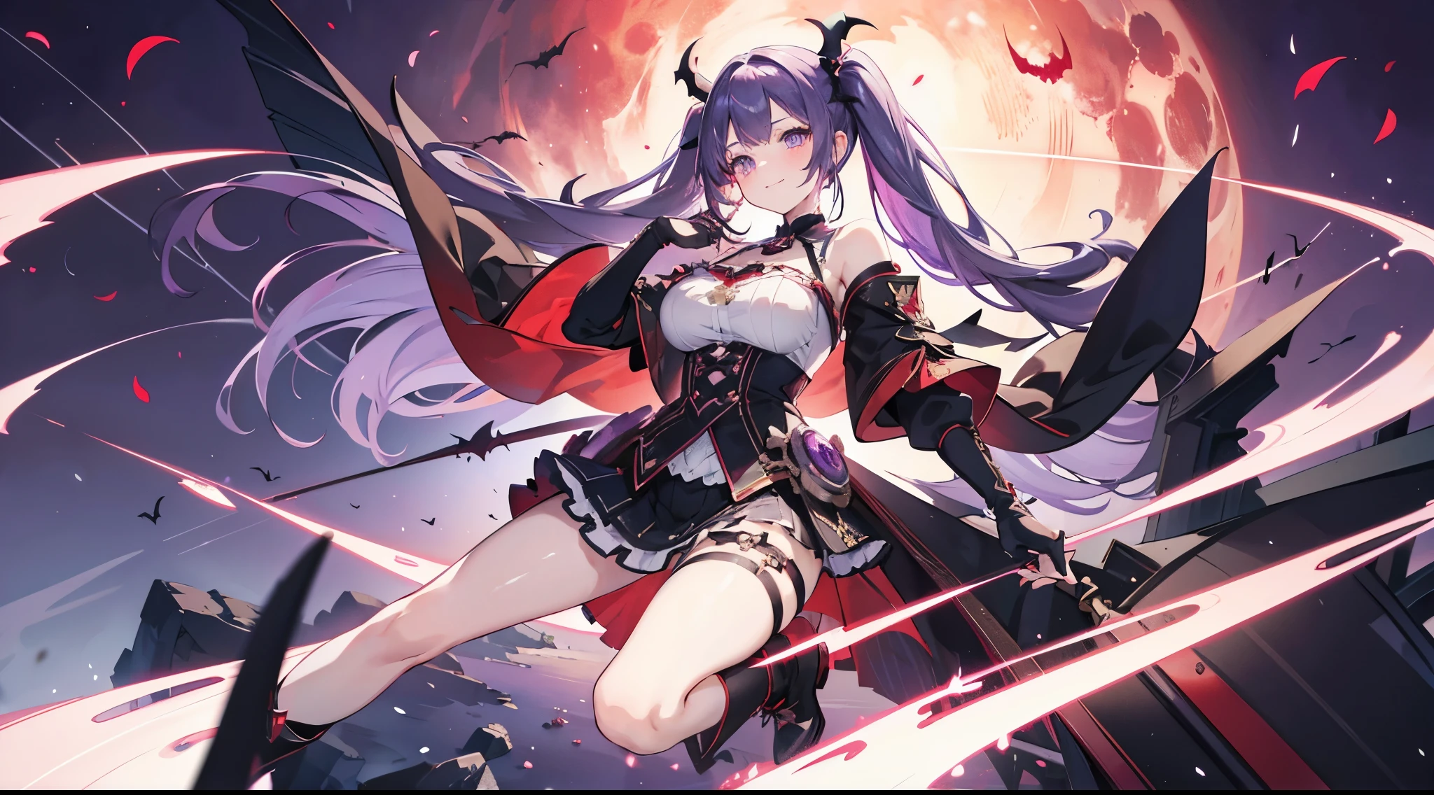 masterpiece, best quality, hyper detailed, good anatomy, perfect anatomy,dark purple hair,twintail,purple eyes, gigantic breasts, expectant smile,beautiful face, blush, beautiful eyes, 18 years old, mature, perfect hands, perfect fingers, blush, atelier sophie, solo, mini crimson cloak, (devil castle: 1.1), (fullbody: 1.3), pose, tornado effect, (horizon), black gloves, black boots, crimson mini skirt, red moon, midnight, bats