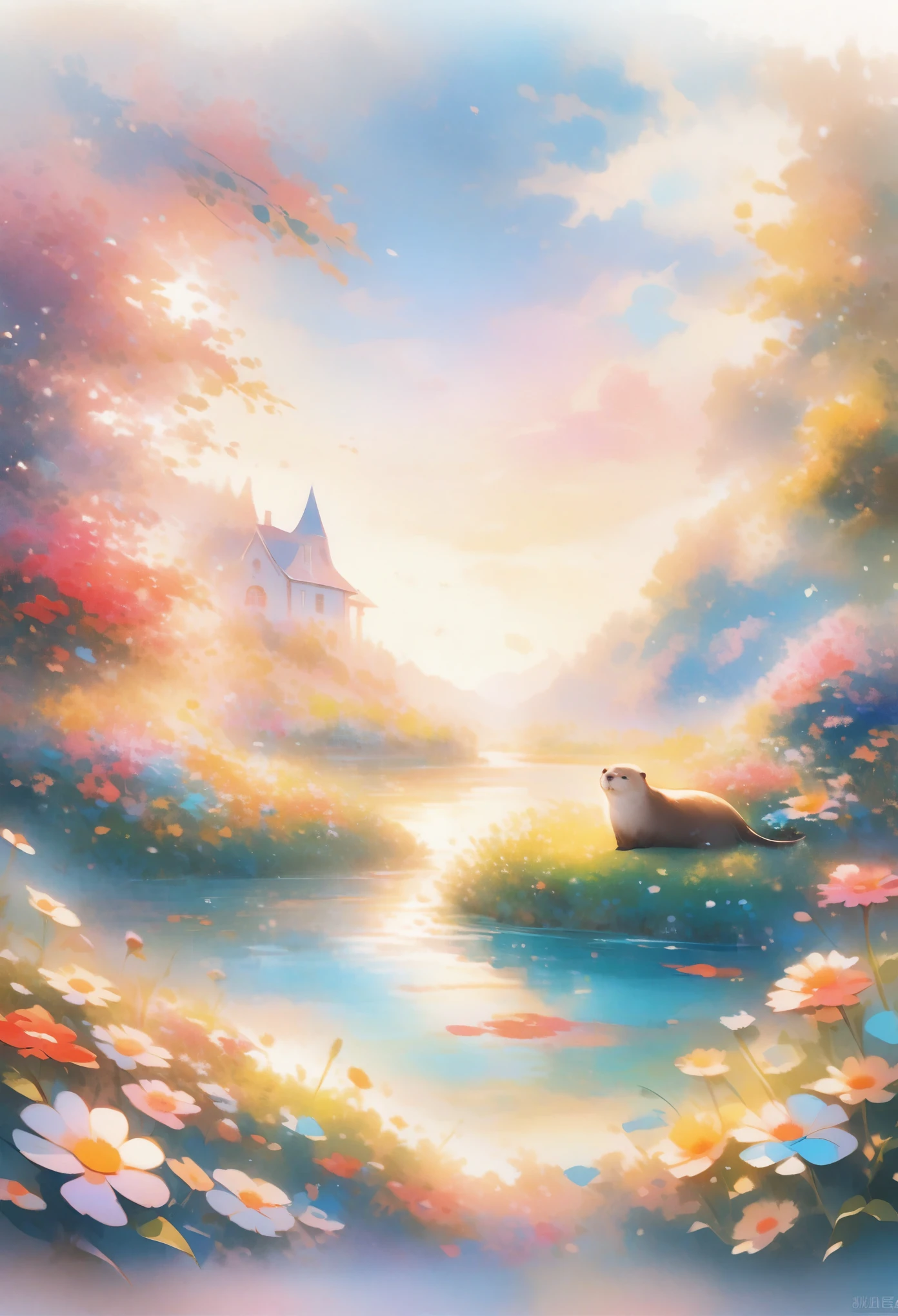 style, Vibrant colors, Dreamy atmosphere, Layered composition, Intricate details, Warm rural background,(otters, Fluffy,solitary, big eyes,best quality,Ultra Detailed,Reality), Soft texture, Comfortable atmosphere, Tranquil garden background, Vibrant colors, Warm lighting