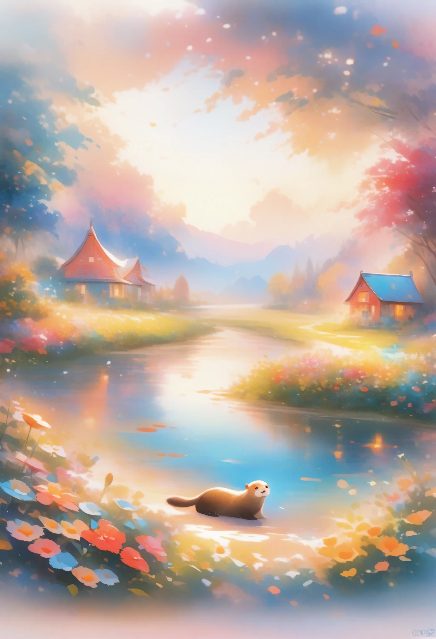 style, Vibrant colors, Dreamy atmosphere, Layered composition, Intricate details, Warm rural background,(otters,  Fluffy,solitary， big eyes,best quality,Ultra Detailed,Reality), Soft texture, Comfortable atmosphere, Tranquil garden background, Vibrant colors, Warm lighting