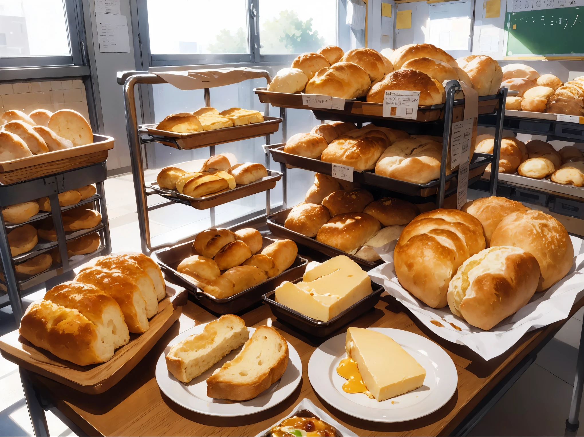 School classroom、Anpan、Plain bread、Curry bread、Melon bread、jam、butter、cheese
