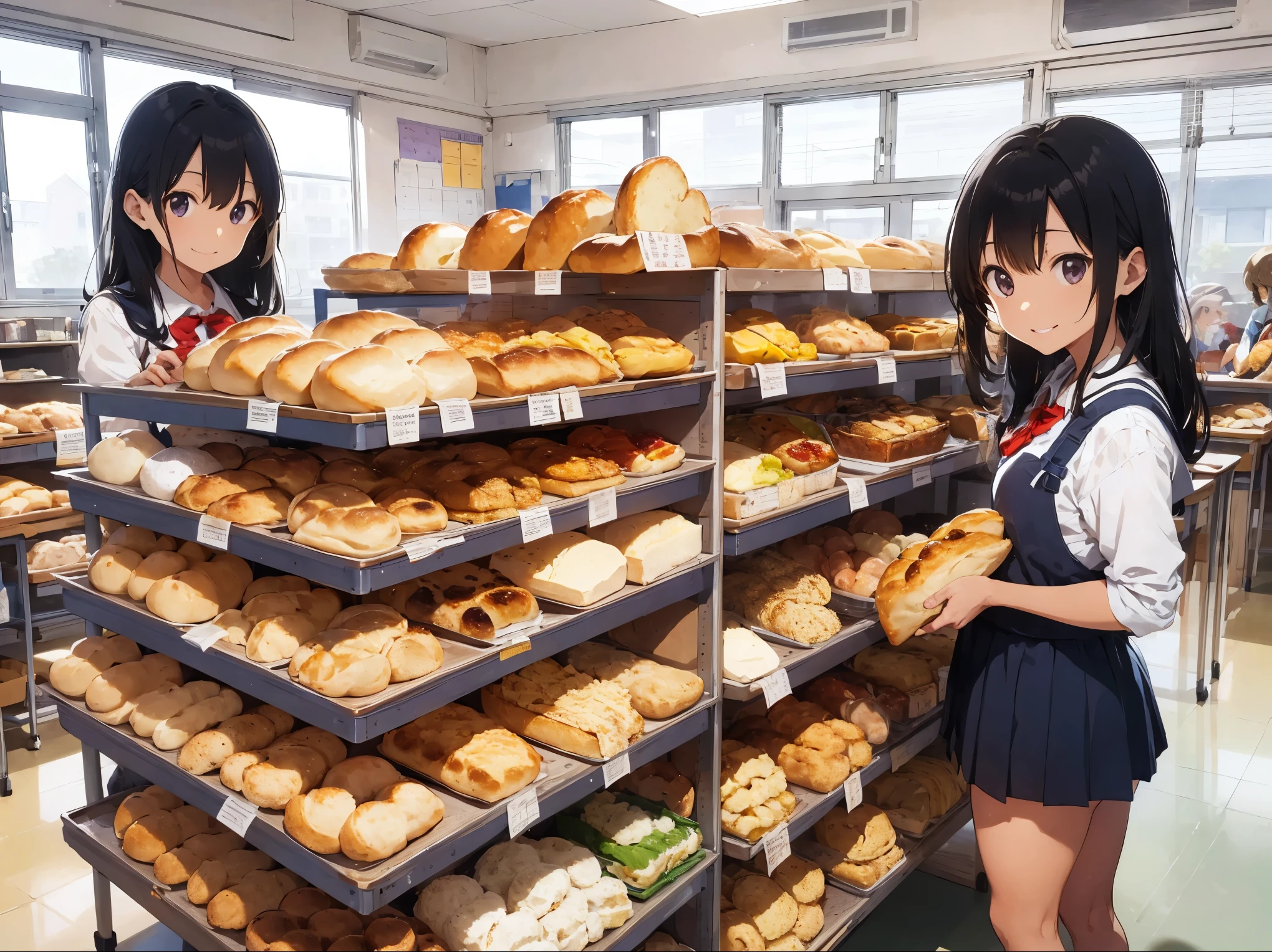 School classroom、Anpan、Plain bread、Curry bread、Melon bread、jam、butter、cheese