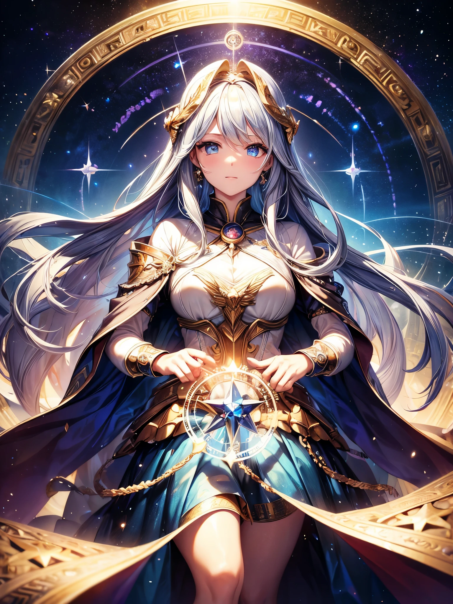 (best quality, ultra-detailed, masterpiece:1.2), fair, spokesmodel goddess, Chronos, eternity, time god, ancient times, mystery, magic, god rays, galaxy, stardust, ethereal face, enchanting eyes, flowing hair, celestial landscape, shimmering long skirt, starry magic circle, ethereal lighting