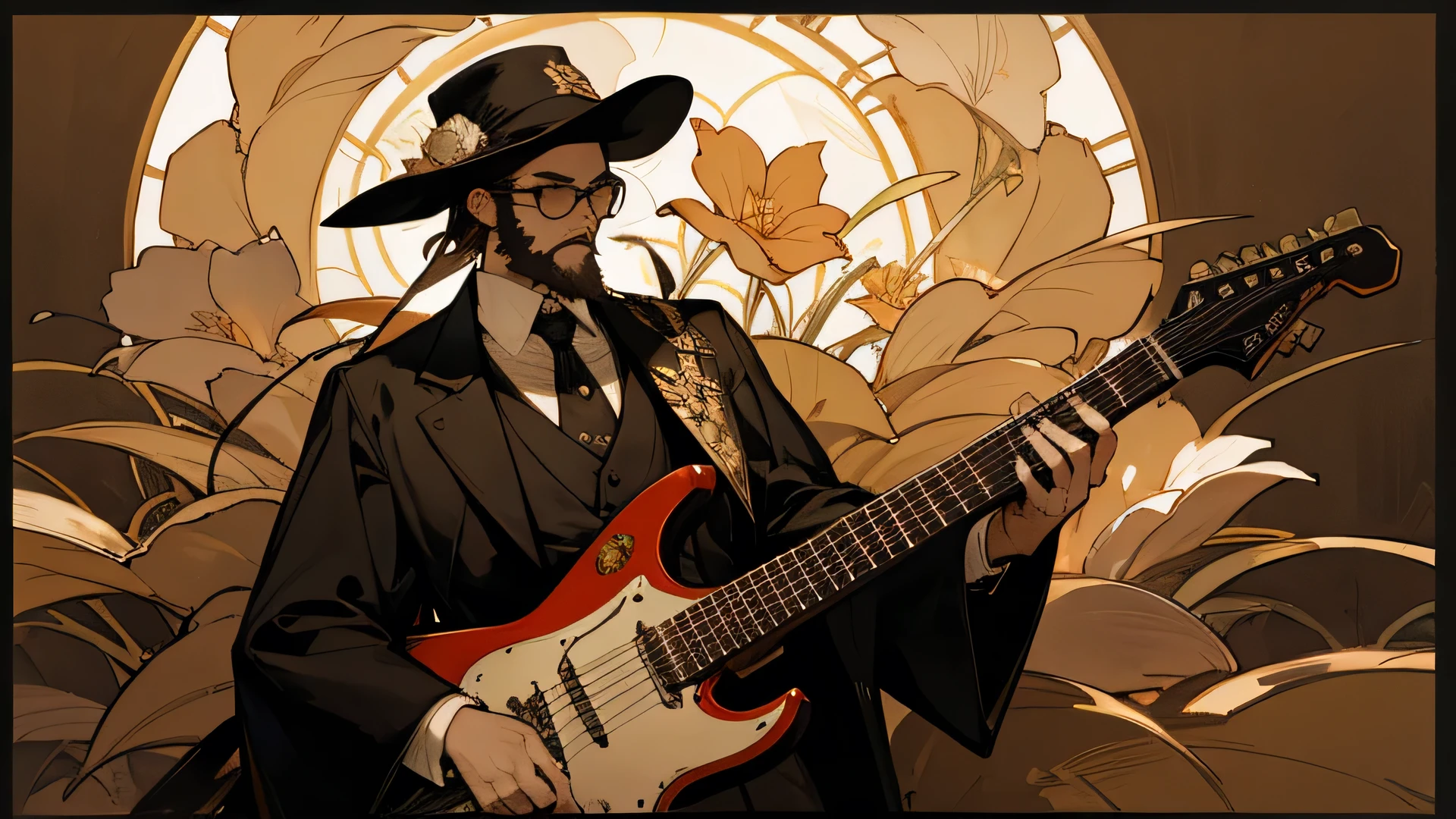 Flowers Blooming in the Dark Night Visual Kei Mucha style Stained glass black male gentleman silk hat electric guitar beard Glasses Sepia