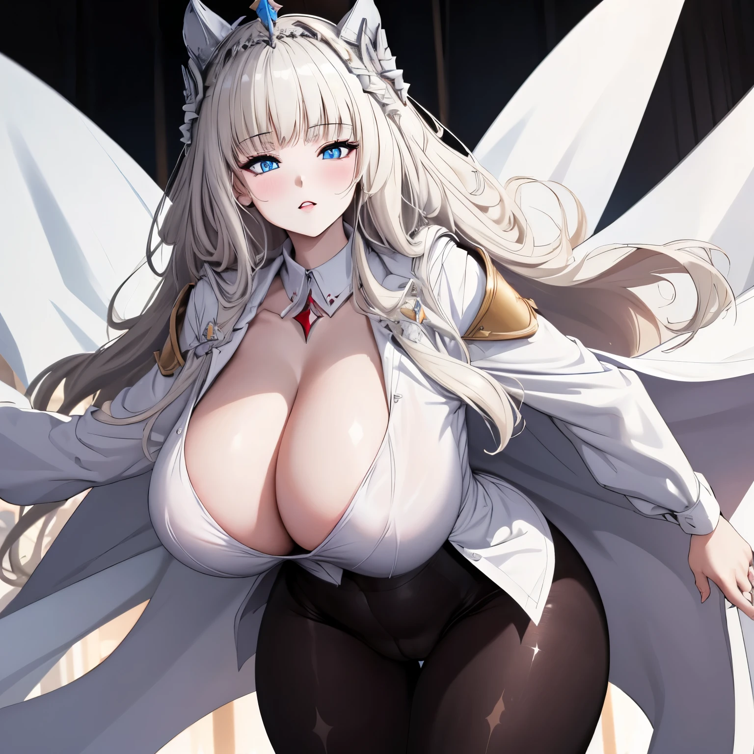 (The Goddess Of Victory Nikke Crown), 8k super high quality, 8k, ultra resolution, dramatic angle, dramatic pose, wide thighs, beautiful legs, long thighs, (((wearing white sheer pantyhose))), showing cleavage, huge saggy mature breasts, cute sexy clothes, wide ass, wide hip, (wide pelvis), ((huge lower body))