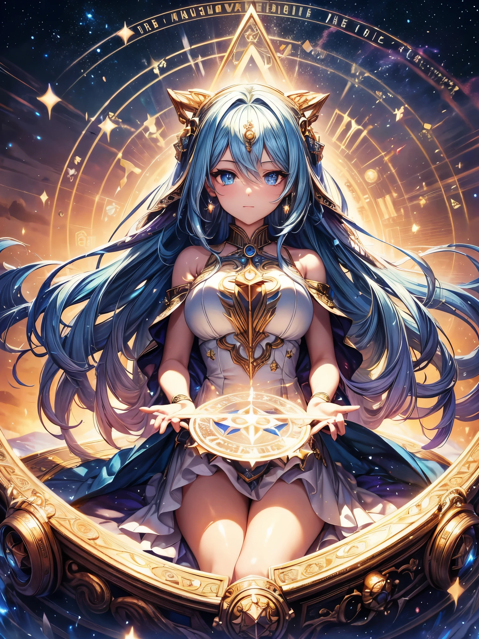 (best quality, ultra-detailed, masterpiece:1.2), fair, spokesmodel goddess, Chronos, eternity, time god, ancient times, mystery, magic, god rays, galaxy, stardust, ethereal face, enchanting eyes, flowing hair, celestial landscape, shimmering long skirt, starry magic circle, ethereal lighting