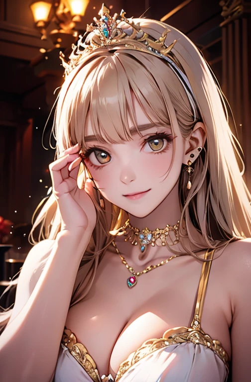 Princess , in lighting castle , detailed hand , high quality, super quality, (detailed face:1.2), beautiful woman , golden eyes, long hair , gorgeous dress, tiara, necklace , earring , sharpe eyebrow , beautiful bangs are covering her eyes , mega breast  ,platinum blonde hair hair , smile , Emphasize the cleavage,