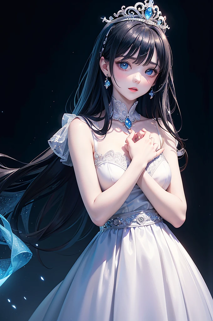 (masterpiece:1.2),(Girl wearing silver tiara:1.2),white dress,An atmosphere full of happiness and laughter,High resolution RAW color art,pale Skin, (Highly detailed elegant), Magical colors and atmosphere, Detailed skin,The background is soft and blurry,Add a dramatic and symbolic element to your scene, Depth of written boundary, Bokeh, Silky to the touch, Hyper Detail, A girl with beautiful, deep blue eyes, Elegant face,long black hair,Glowing hair, With cool and blue lighting,black theme