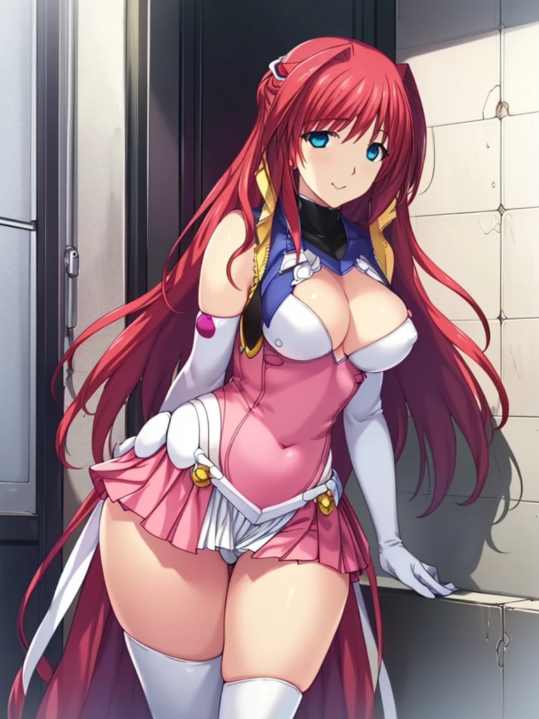 (Ultra extreme detailed),(masterpiece),(Ultra extreme),(Realistic),CG,(color:1.2), Beautiful lighting,Light from the front, alone,smile,   Escalayer,pink hair,long hair,hair_ornament,blue eyes,Pink Dress,White long gloves,thigh_boots,,Hypno Lola, Hollow Eyes,(,Inside a futuristic base:1.5),