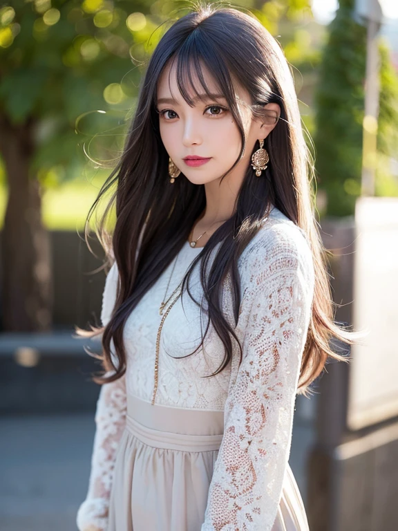 masterpiece, highest quality, High resolution,alone,Two-tone hair, Small earrings,Medium Hair,Artistic,morning,Best lighting,casual,Flat Chest,Beautiful Face,expensive,smile,light makeup,natural,Age 25,Calm woman,Hair blowing in the wind,Blurred Background,Face Focus,Detailed Hair,A woman laughing,Woman in feminine outfit