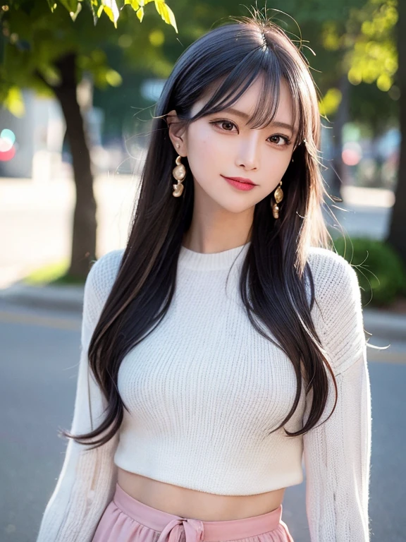 masterpiece, highest quality, High resolution,alone,Two-tone hair, Small earrings,Medium Hair,Artistic,morning,Best lighting,casual,Flat Chest,Beautiful Face,expensive,smile,light makeup,natural,Age 25,Calm woman,Hair blowing in the wind,Blurred Background,Face Focus,Detailed Hair,A woman laughing,Woman in feminine outfit