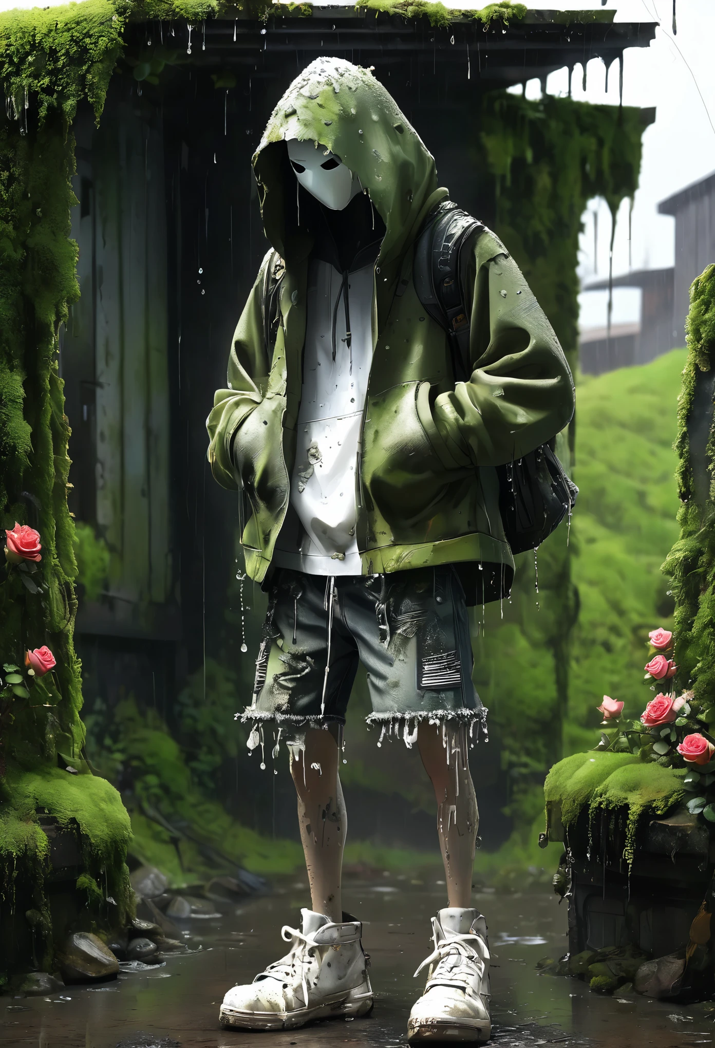 The prompt for the given theme is: (best quality:1.2), worn out, dirty, ((dirty masked man, tattered hoodie, shorts, shoes, rose, lone, standing, footwear, victorious)), raining, in a corner, springtime, moss, small white flowers.Micro Landscape，