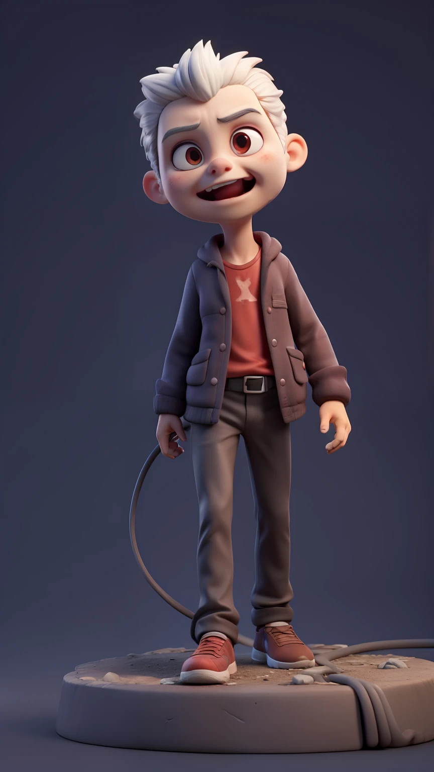Create a 3D animation showing an energy-thirsty vampire, holding an electrical cable with one hand and with the other hand sucking the energy from this cable. The vampire should be surrounded by a dark aura and the electrical cord should glow with flashes of electricity. The background could be a dark and gloomy cityscape to highlight the contrast between modern technology and the ancient creature of the night.