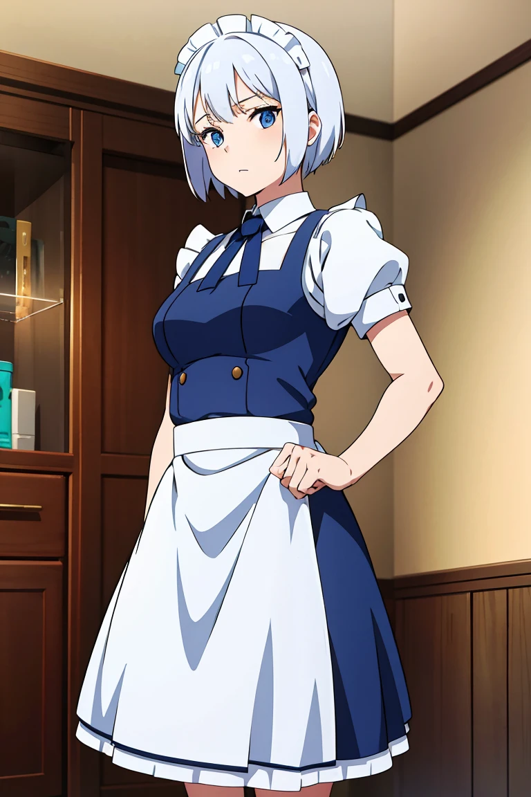 20 years old girl, short white hair, blue eyes, maid outfit , in the house, whole body,