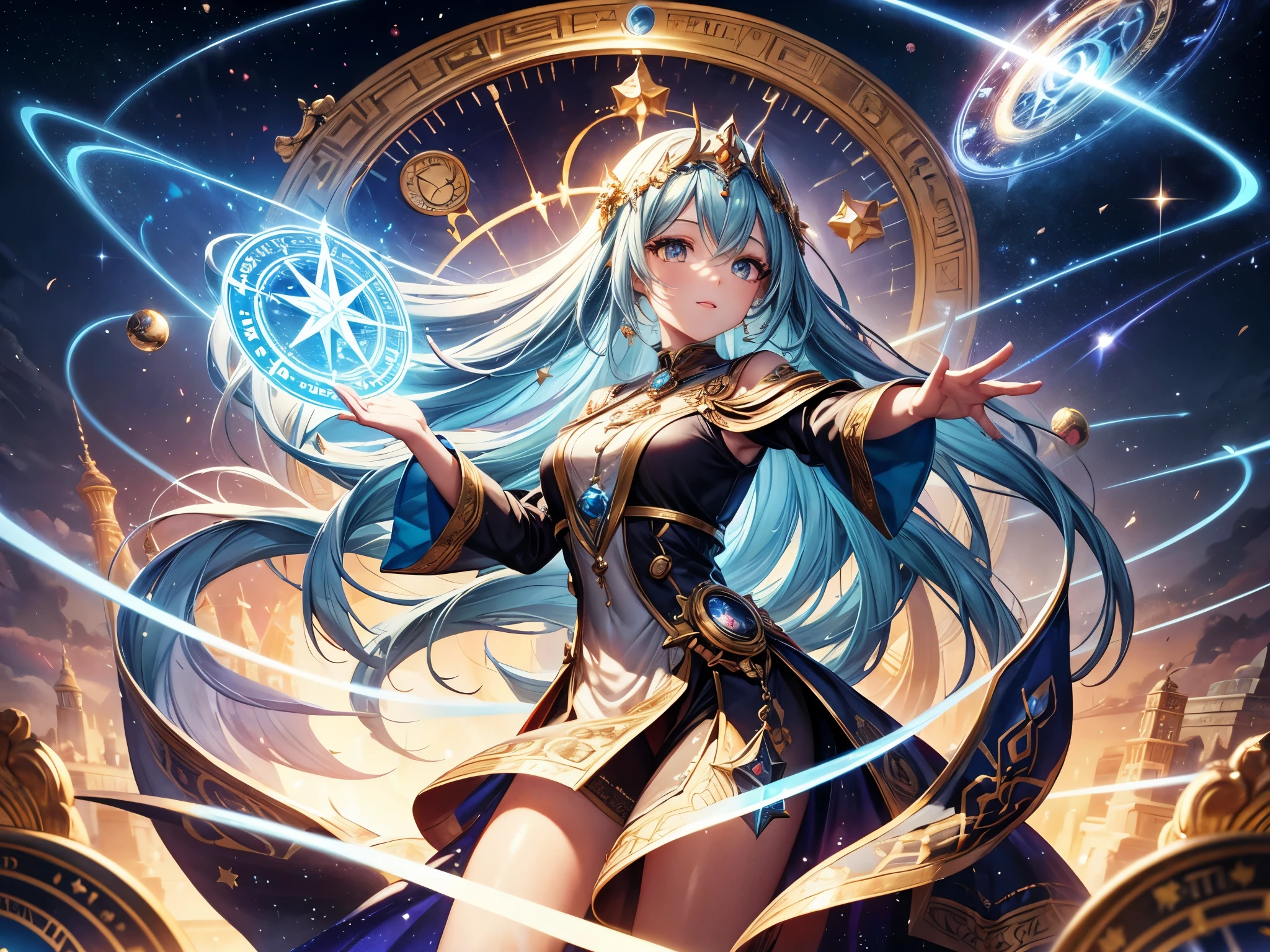 masterpiece, best quality, Ultra Detailed, fair, 1 woman, Spokesperson goddess, god of the time, Chronos, eternity, mystery, ancient times, time, magic, god ray, galaxy, stardust, Face yarn, magic circle, long skirt, star, Octane Render
