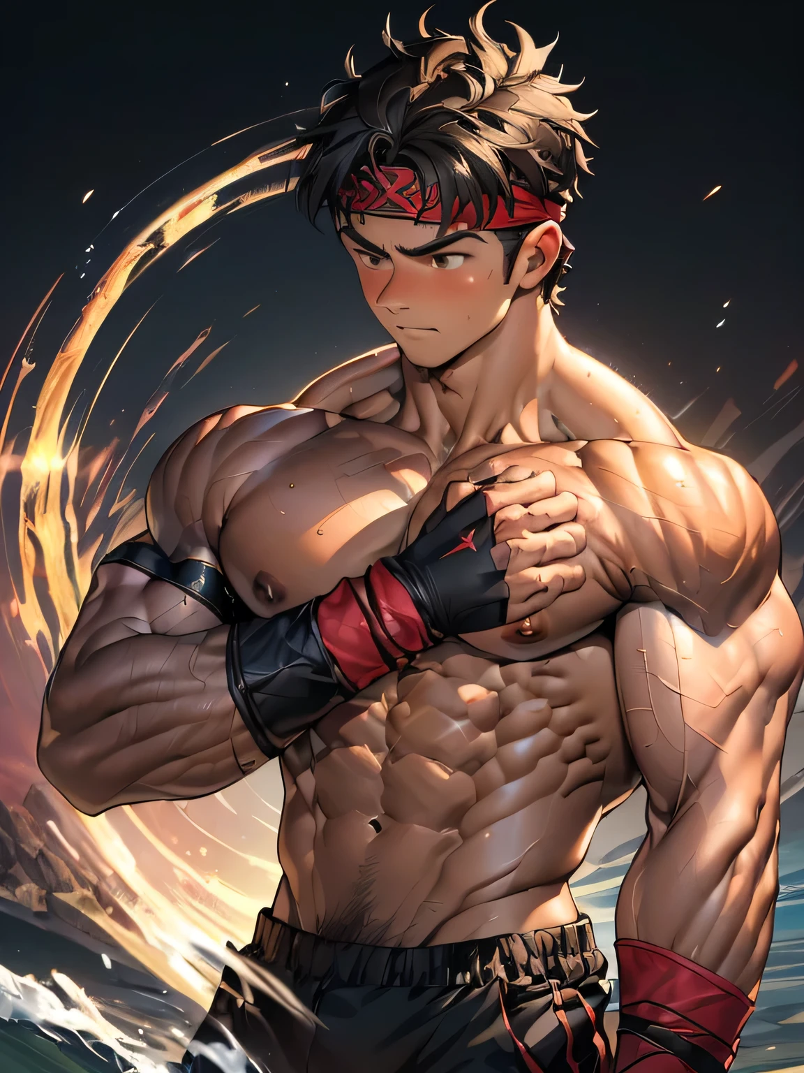 (Masterpiece, Best quality 19 year old boy, black background, bust shot, shoot from front, looking away), solo, Young, boy, muscler, Shirtless, topless, (Dark Short straight hair, under cut, brown eyes), (torn clothes, red headband, ((black wristband))), Vivid colors, (hot Abs:1.5, abs!, big abs, big breast:1.5, chest!, muscler upperarms:1.5), (topless male), muscler!, muscler, muscler body, (aura power:1.5), detailed face, detailed muscle, (((A magical mystical aura, rippling muscles, fighting pose)))