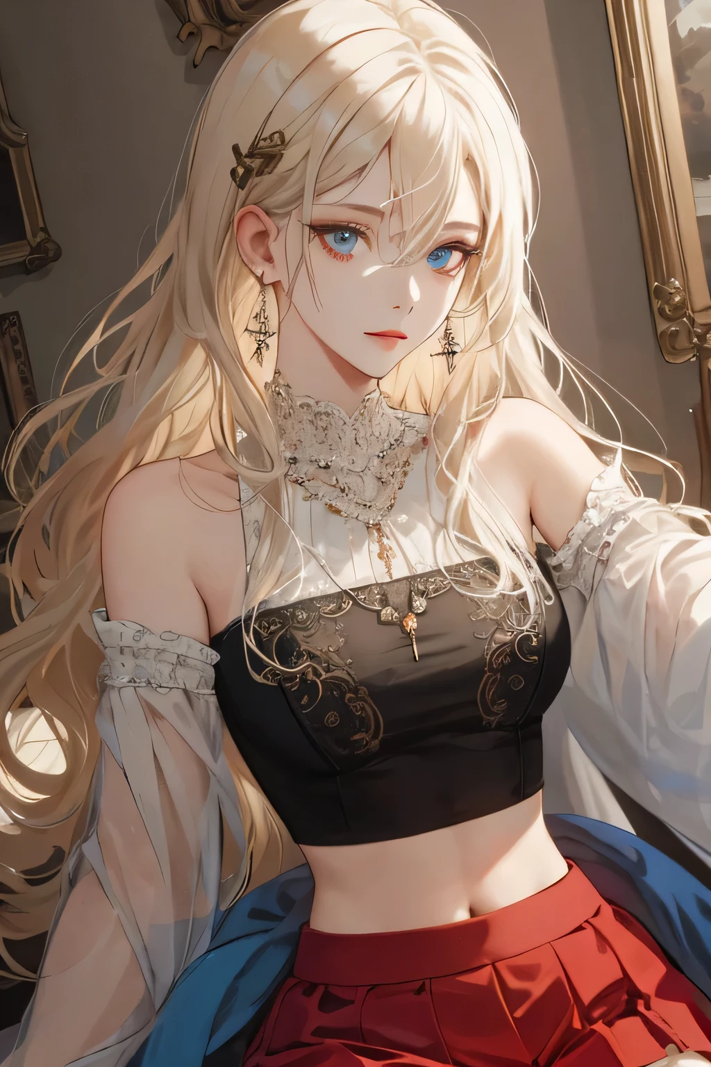 (extreamly delicate and beautiful:1.2), 8K,(masterpiece:1.0),(best_quality:1.0), 1 girl, and intricate detailing, Enlarged textures, and intricate detailing, finely eye and detailed face, and intricate detailing, shiraga, platinum blonde curls long hair, (closed mouths), Perfect eyes, Equal eyes, carolina eyes (A famale god) with red crop top modern and red short skirt, carolina eyes perfect, Necklace blue, Hairpin