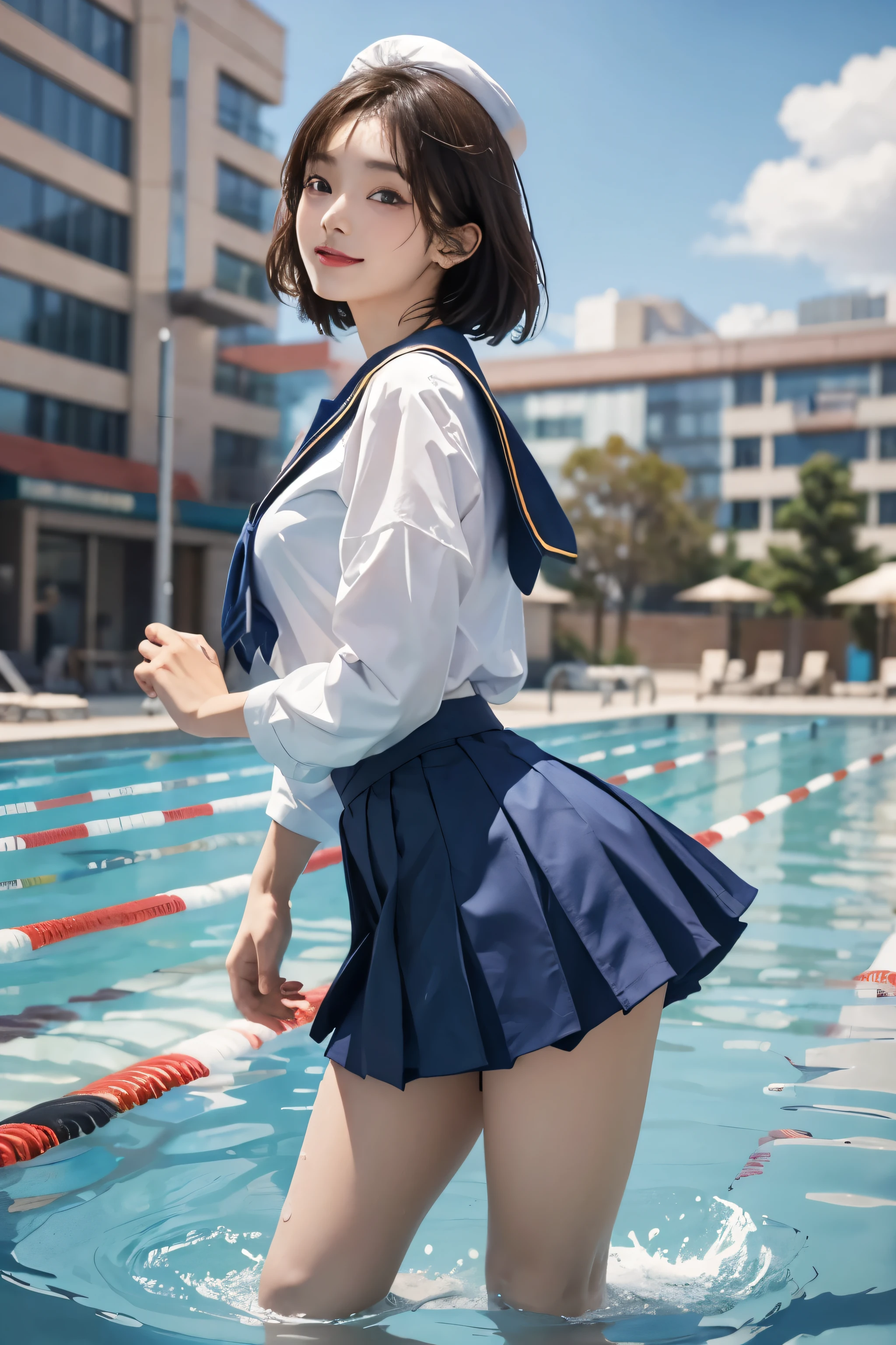 ((highest quality、8k、masterpiece:1.3))、(whole body:1.3),Sharp focus:1.2、(Realistic、Realistic:1.37)、Beautiful legs、Point your feet towards the audience、Get your feet in front of the audience、Woman with beautiful face、28 years old、Pointed Chest、Long eyelashes、Colored contact lenses、delicate,Very fine eyebrows、（Sharp eyebrows）、（Thin eyebrows）.Highly detailed face、(Brunette messy hair:1.3、Sailor suit、(School swimming pool:1.2)、(blue sky:1.2)、、Detailed Background(8k、masterpiece、highest quality、RAW Photos),(Dynamic Pose:1.3),(A radiant smile:1.3)、(Knee-length skirt:1.2)